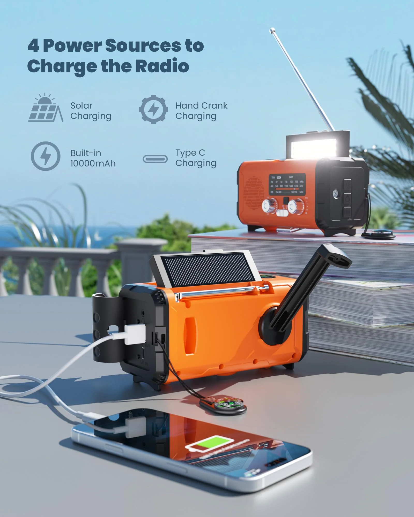 Emergency Weather Radio NOAA AM FM with 10000mAh Power Bank & Fire Starter, Solar/Hand Crank/USB-C Fast Charging, SOS Alarm, Flashlight for Indoor Outdoor Survival for Campers and Preppers Orange - Image 4
