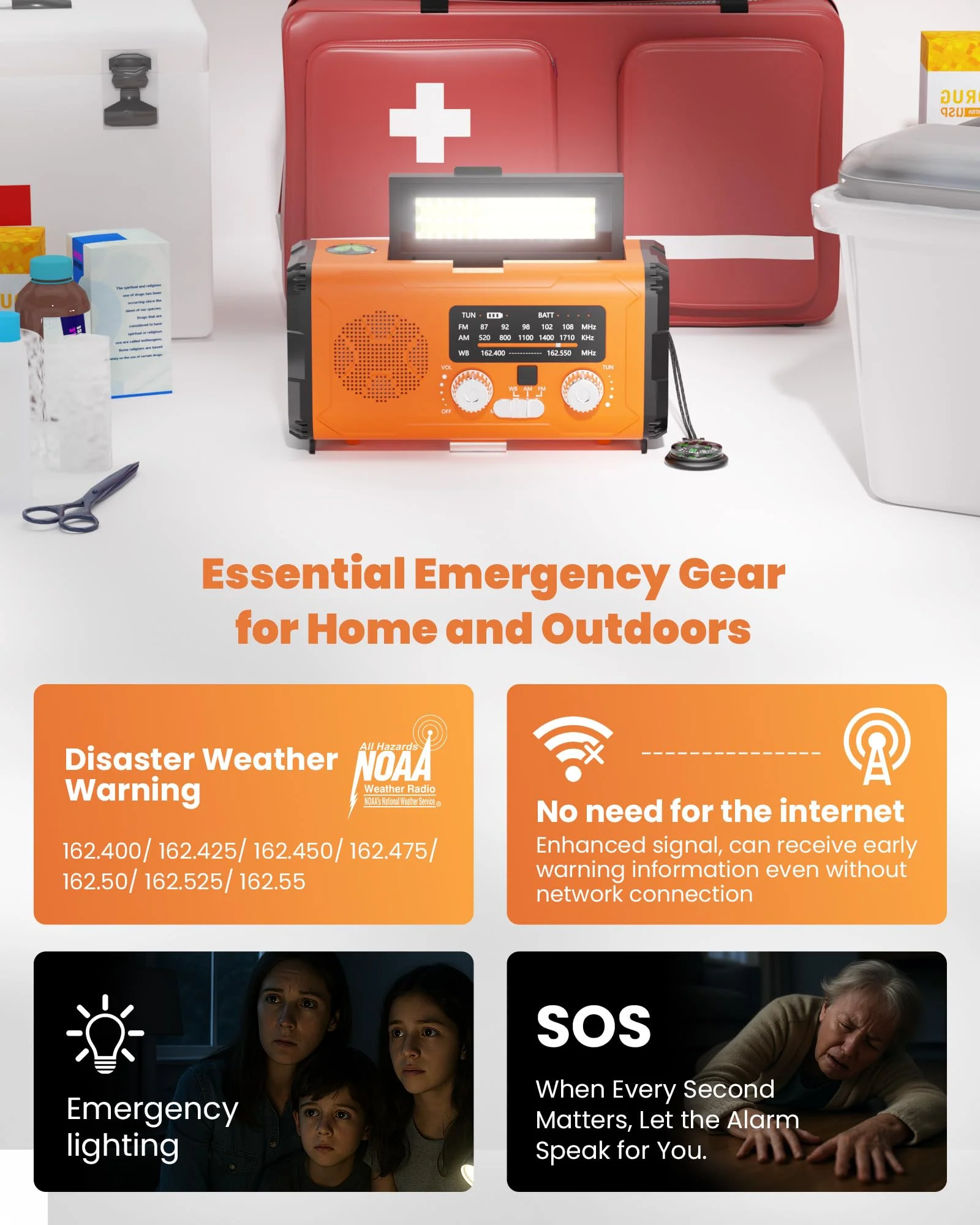 Emergency Weather Radio NOAA AM FM with 10000mAh Power Bank & Fire Starter, Solar/Hand Crank/USB-C Fast Charging, SOS Alarm, Flashlight for Indoor Outdoor Survival for Campers and Preppers Orange - Image 5
