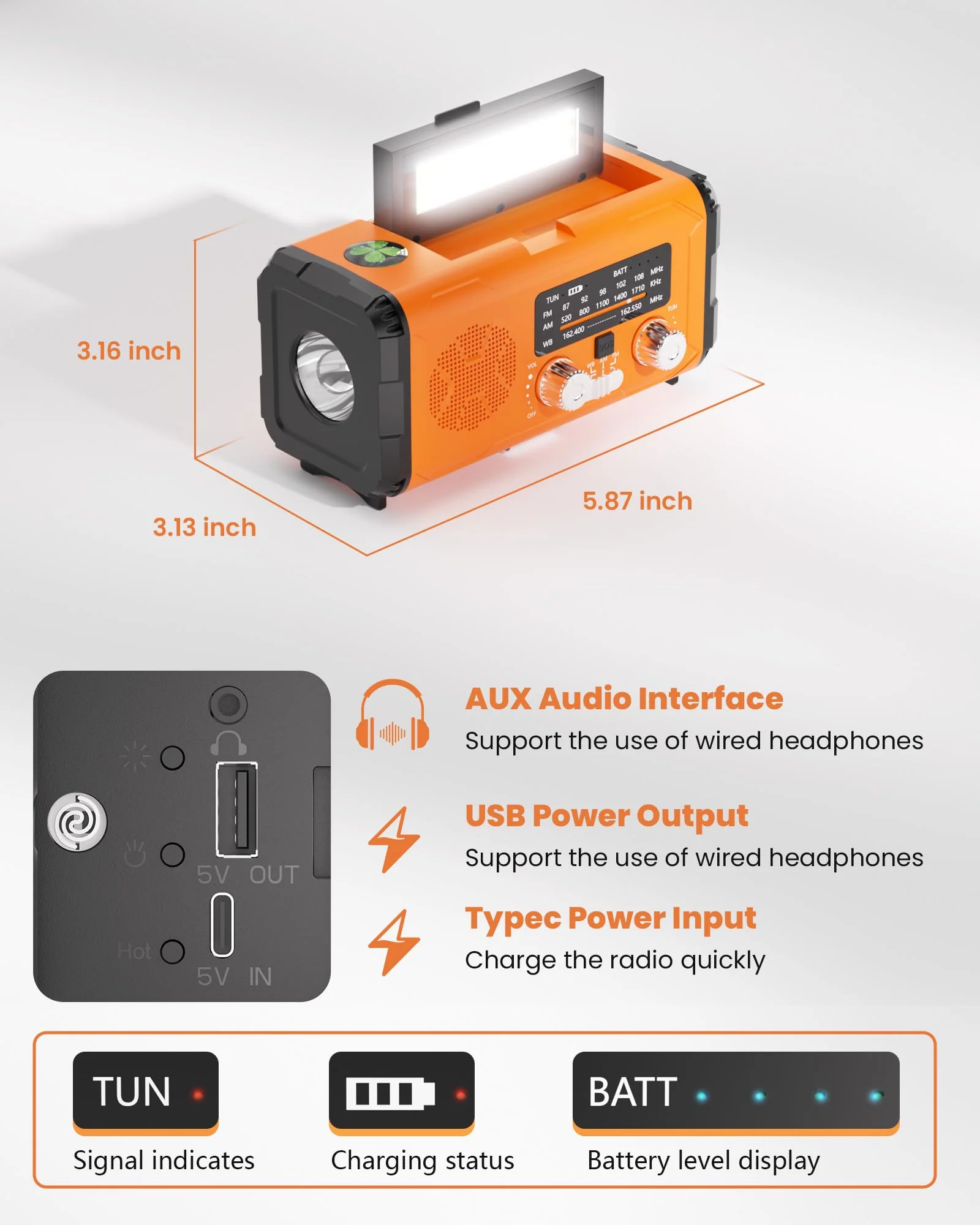 Emergency Weather Radio NOAA AM FM with 10000mAh Power Bank & Fire Starter, Solar/Hand Crank/USB-C Fast Charging, SOS Alarm, Flashlight for Indoor Outdoor Survival for Campers and Preppers Orange - Image 6