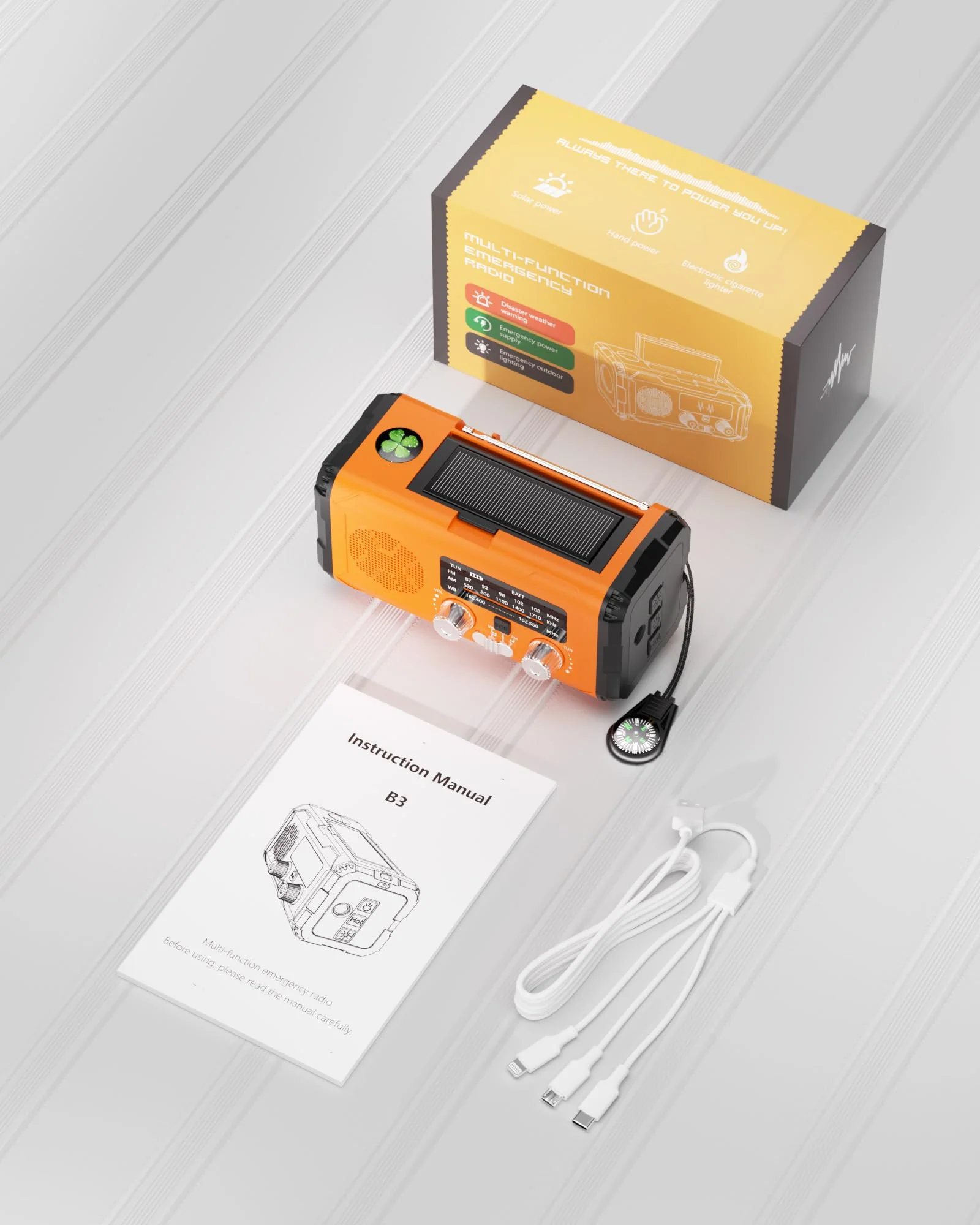 Emergency Weather Radio NOAA AM FM with 10000mAh Power Bank & Fire Starter, Solar/Hand Crank/USB-C Fast Charging, SOS Alarm, Flashlight for Indoor Outdoor Survival for Campers and Preppers Orange - Image 8