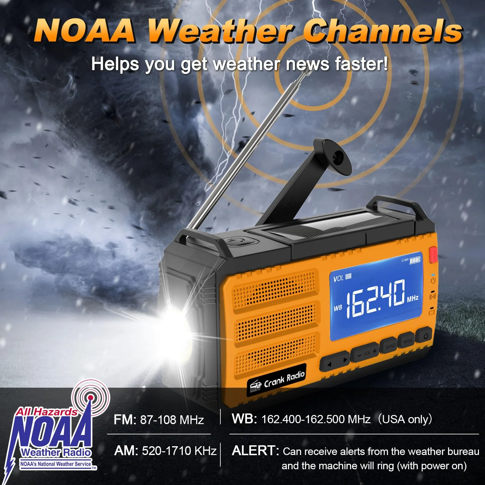 Emergency Weather Radio Solar Hand Crank Emergency Radio 37000mWh AM/FM NOAA Weather Radio with LCD Display 3 Mode Flashlight SOS Alarm Compass Headphone Jack for Winter Storm Emergency Orange - Image 3