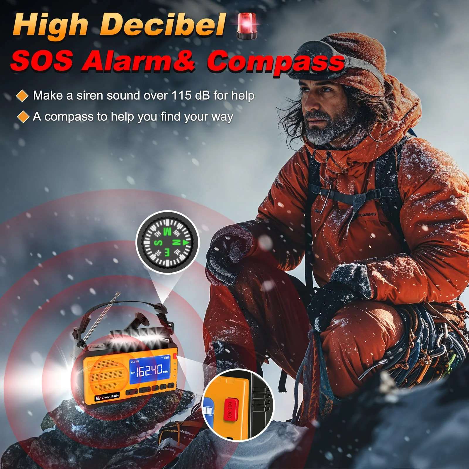 Emergency Weather Radio Solar Hand Crank Emergency Radio 37000mWh AM/FM NOAA Weather Radio with LCD Display 3 Mode Flashlight SOS Alarm Compass Headphone Jack for Winter Storm Emergency Orange - Image 4