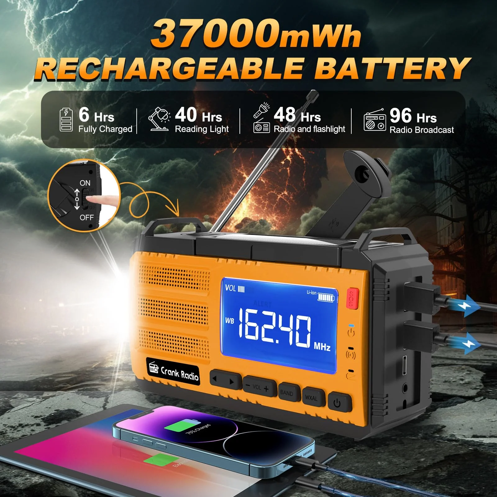 Emergency Weather Radio Solar Hand Crank Emergency Radio 37000mWh AM/FM NOAA Weather Radio with LCD Display 3 Mode Flashlight SOS Alarm Compass Headphone Jack for Winter Storm Emergency Orange - Image 5