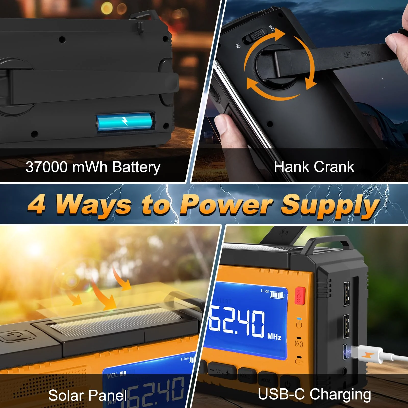 Emergency Weather Radio Solar Hand Crank Emergency Radio 37000mWh AM/FM NOAA Weather Radio with LCD Display 3 Mode Flashlight SOS Alarm Compass Headphone Jack for Winter Storm Emergency Orange - Image 6