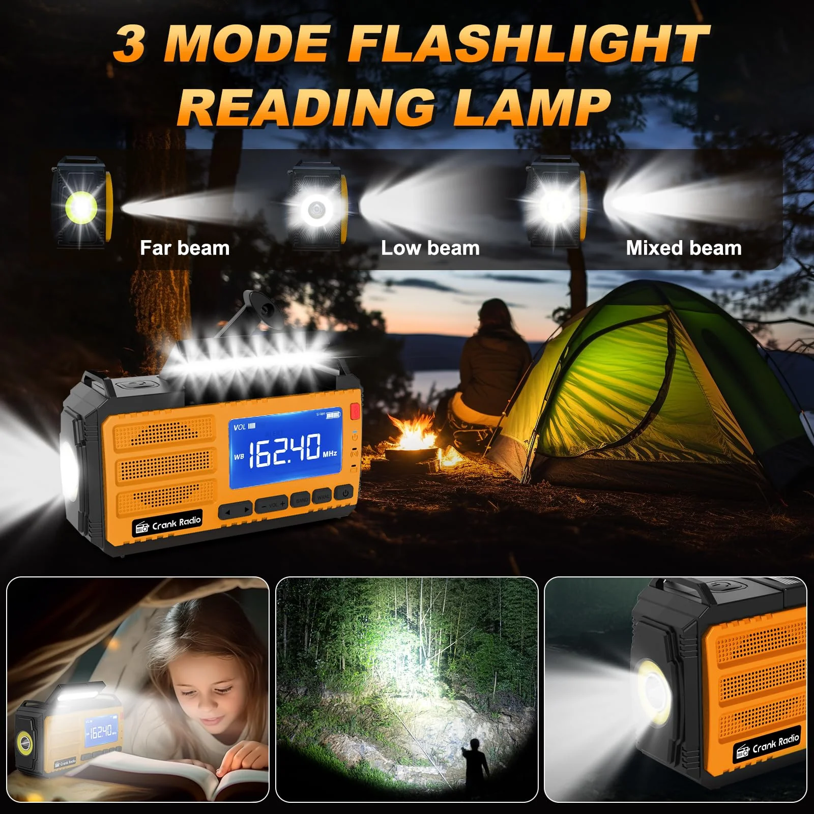 Emergency Weather Radio Solar Hand Crank Emergency Radio 37000mWh AM/FM NOAA Weather Radio with LCD Display 3 Mode Flashlight SOS Alarm Compass Headphone Jack for Winter Storm Emergency Orange - Image 7