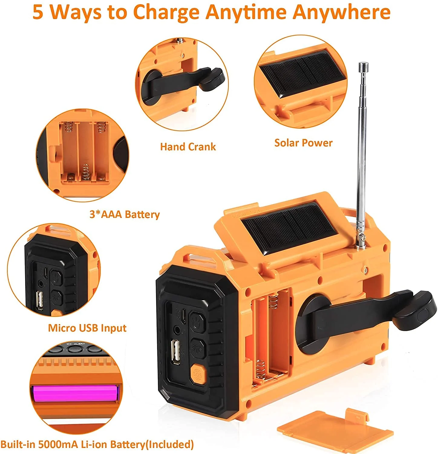 Emergency Weather Radio with AM/FM/NOAA/SW,5000mAh Alert SOS Survival Portable Radio,5 Ways Powered Solar Hand Crank Radio with Cellphone Charger, Flashlight, Reading Lamp, Headphone Jack for Outdoor - Image 3