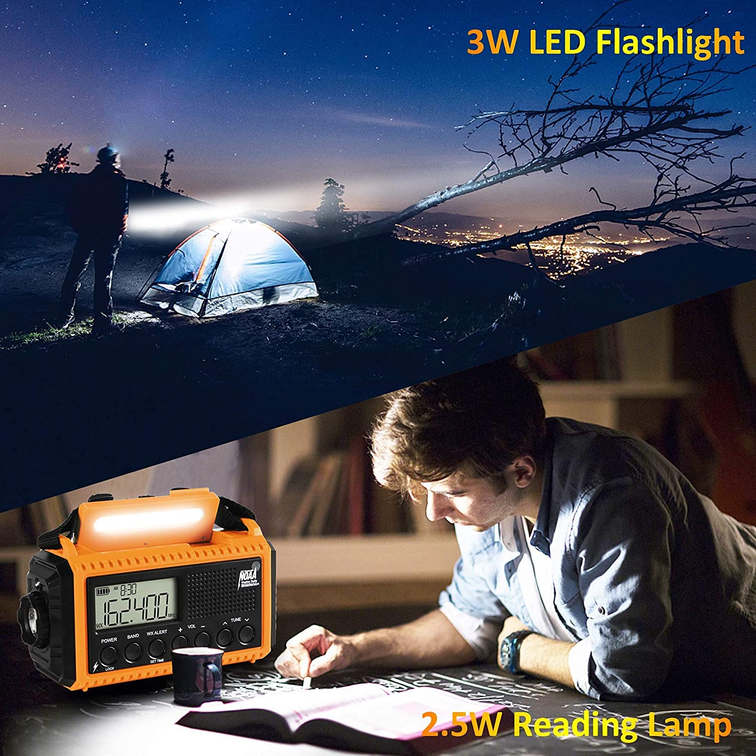 Emergency Weather Radio with AM/FM/NOAA/SW,5000mAh Alert SOS Survival Portable Radio,5 Ways Powered Solar Hand Crank Radio with Cellphone Charger, Flashlight, Reading Lamp, Headphone Jack for Outdoor - Image 4