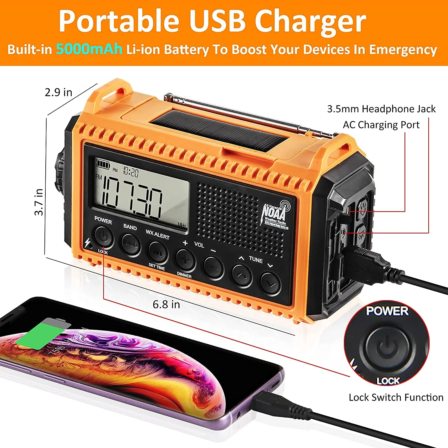 Emergency Weather Radio with AM/FM/NOAA/SW,5000mAh Alert SOS Survival Portable Radio,5 Ways Powered Solar Hand Crank Radio with Cellphone Charger, Flashlight, Reading Lamp, Headphone Jack for Outdoor - Image 5
