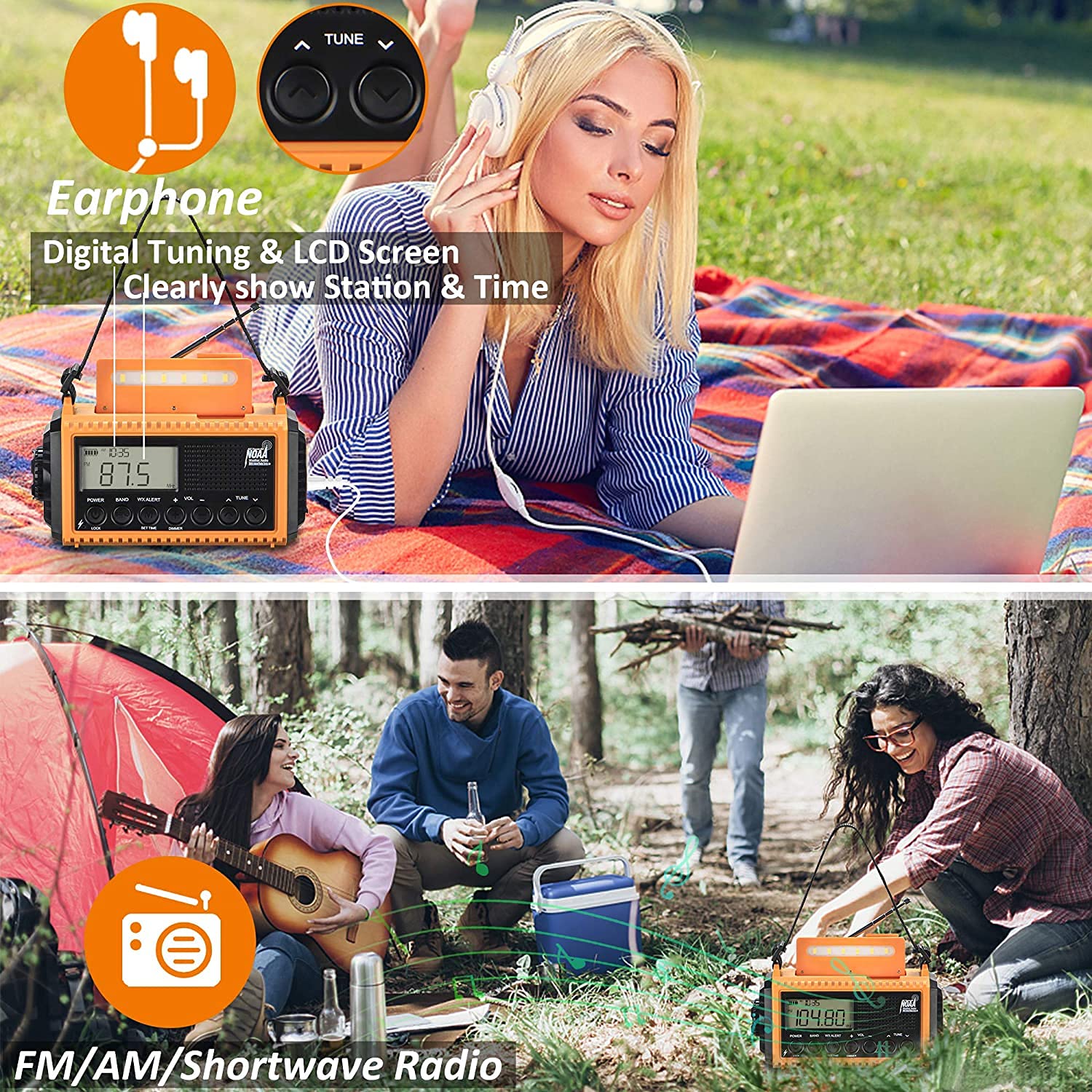 Emergency Weather Radio with AM/FM/NOAA/SW,5000mAh Alert SOS Survival Portable Radio,5 Ways Powered Solar Hand Crank Radio with Cellphone Charger, Flashlight, Reading Lamp, Headphone Jack for Outdoor - Image 6