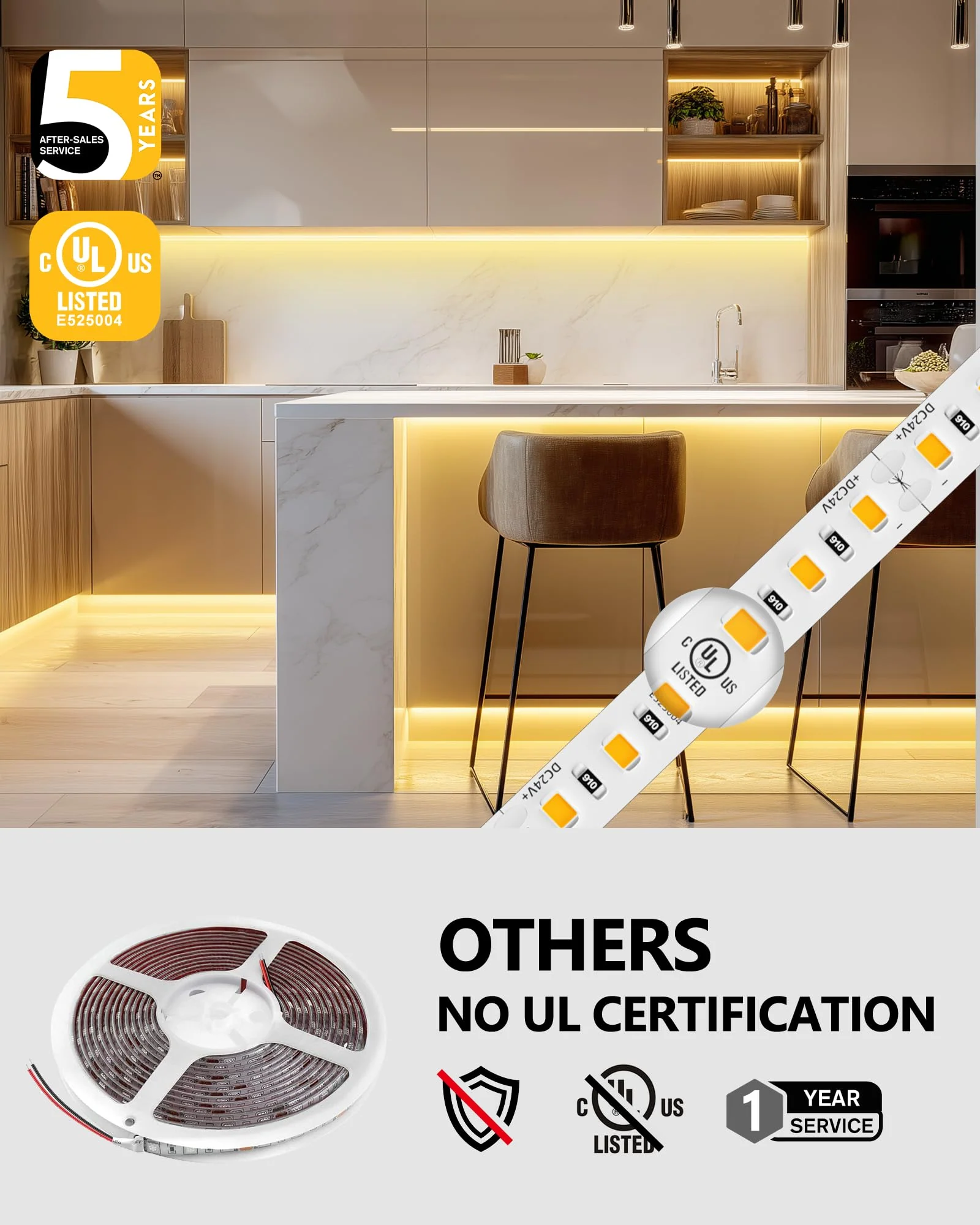 EMITEVER LED Strip Lights Warm White 3000K, UL 24V LED Tape Light, 16.4ft, Ra 95+, IP30, 2.9W/ft, 240+Lumens/ft, 600LEDS/Spool, UL Listed 5 Year Warranty (Power Supply Sold Separately) - Image 4