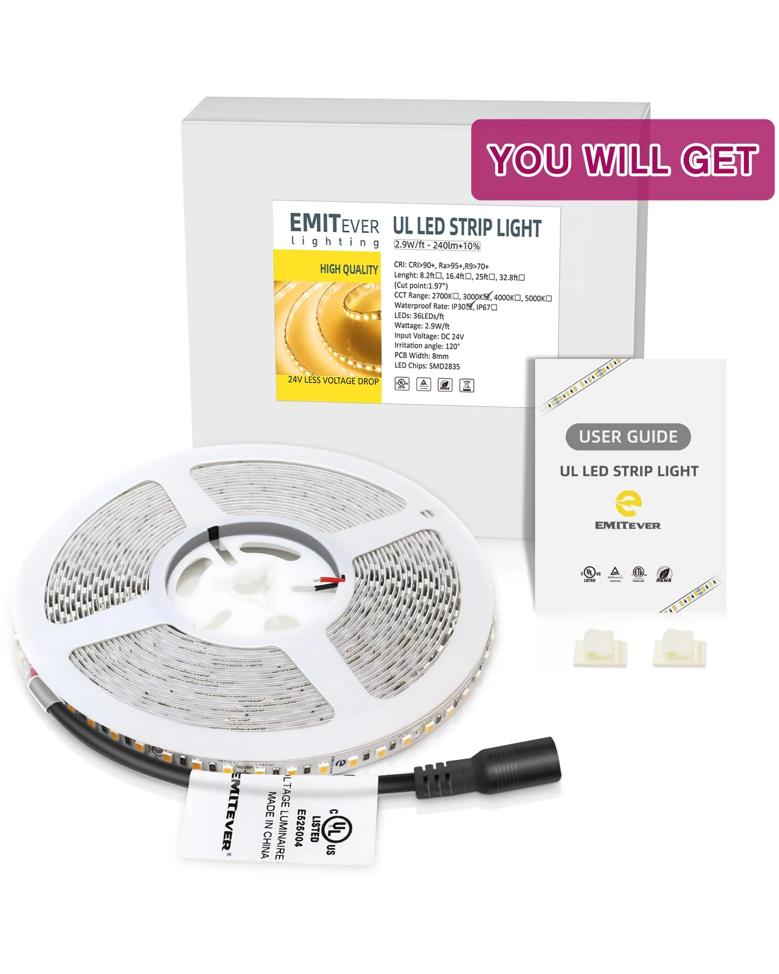 EMITEVER LED Strip Lights Warm White 3000K, UL 24V LED Tape Light, 16.4ft, Ra 95+, IP30, 2.9W/ft, 240+Lumens/ft, 600LEDS/Spool, UL Listed 5 Year Warranty (Power Supply Sold Separately) - Image 8