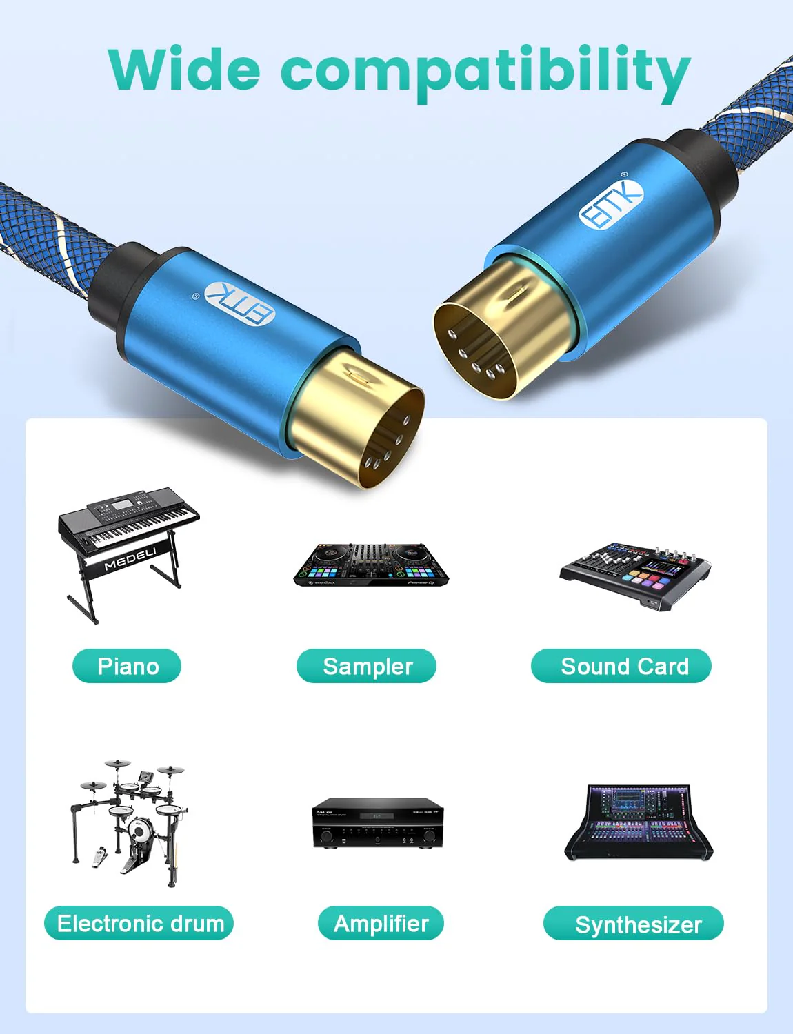 EMK 5-Pin DIN MIDI Cable Male to Male Midi Cables Compatible with MIDI Keyboard/Synthesizer/Guitar Multi Effects/Audio Interface/Audio Mixer/Audio Amplifier/External Sound Card (6.6Feet/2m) 6.6Feet/2m - Image 6