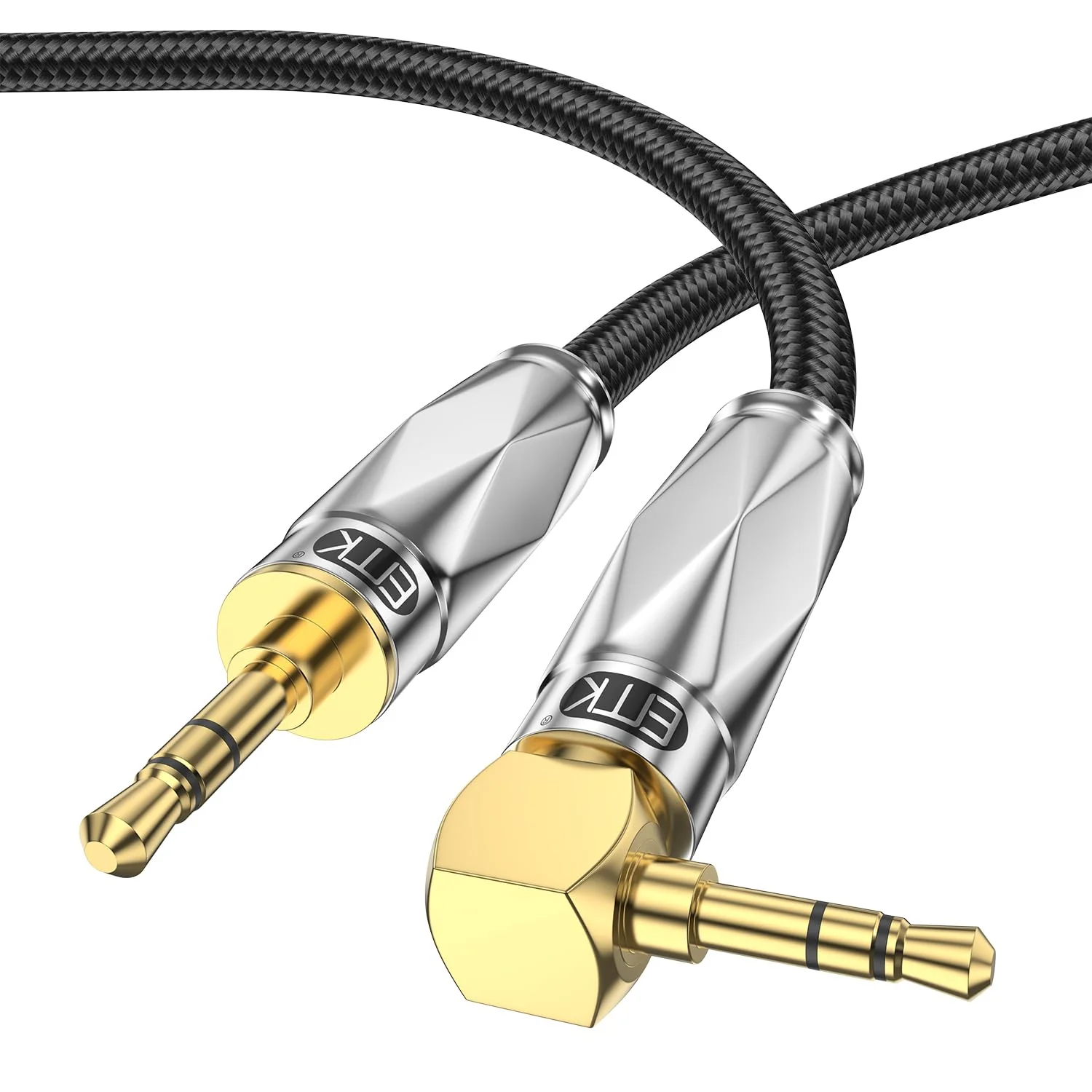 EMK Aux Cable for Car, 90 Degree Right Angle Auxiliary Cable Stereo Aux Jack to Jack Cord Compatible for Smartphones, MP3 Players, Laptops, Tablets, Bluetooth Speakers, Soundbars, and More(2M) Silver 6.6FT/2M-Silver