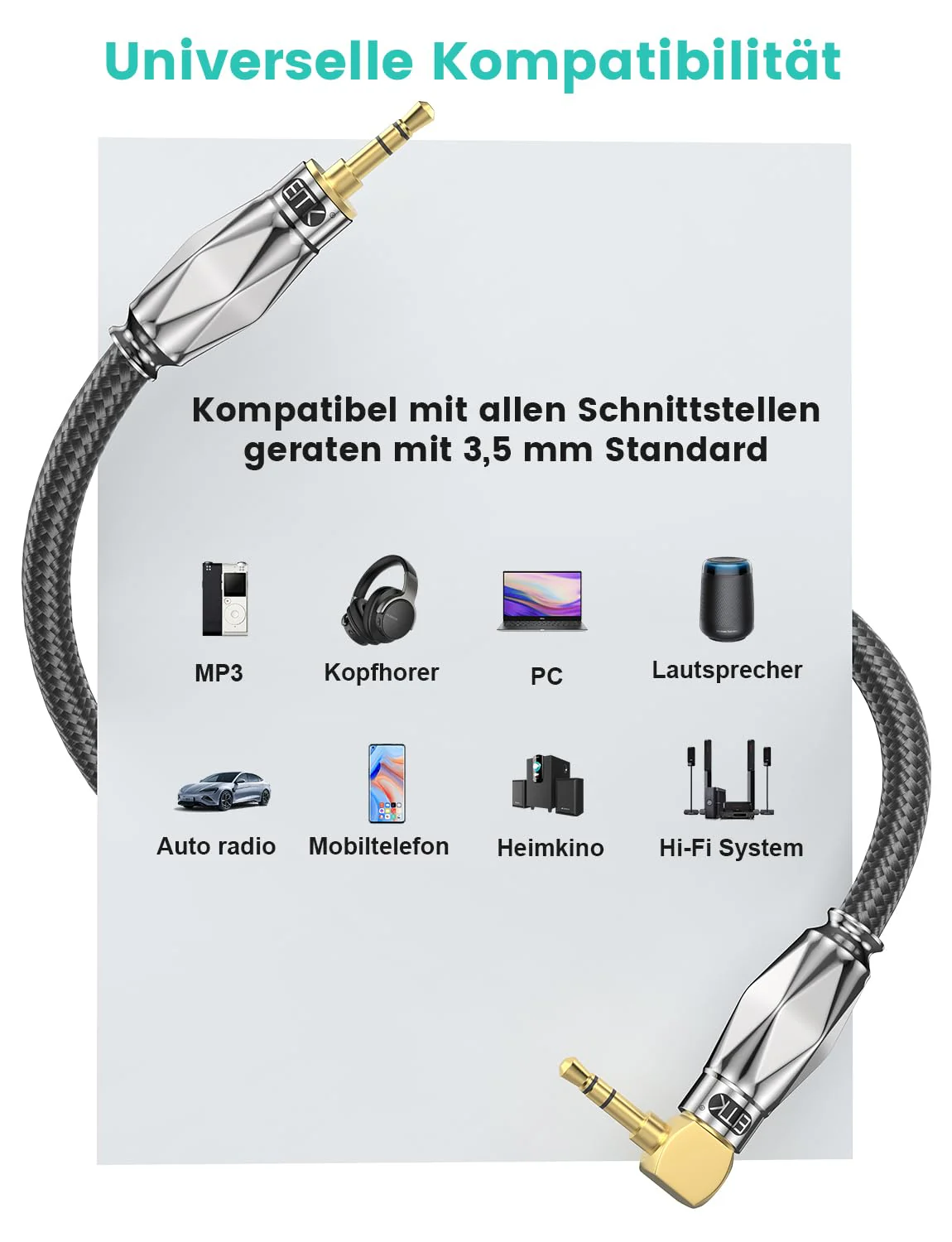 EMK Aux Cable for Car, 90 Degree Right Angle Auxiliary Cable Stereo Aux Jack to Jack Cord Compatible for Smartphones, MP3 Players, Laptops, Tablets, Bluetooth Speakers, Soundbars, and More(2M) Silver 6.6FT/2M-Silver - Image 6