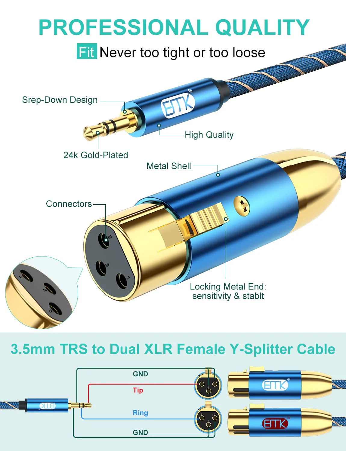 EMK Dual Female XLR to 3.5mm Cable, Unbalanced XLR Female to 1/8 Inch Mini Jack TRS Stereo Aux Interconnect Audio Mic Breakout Patch Cord(6.6FT/2M) 6.6FT/2M 3.5mm Male/2XLR Female - Image 4