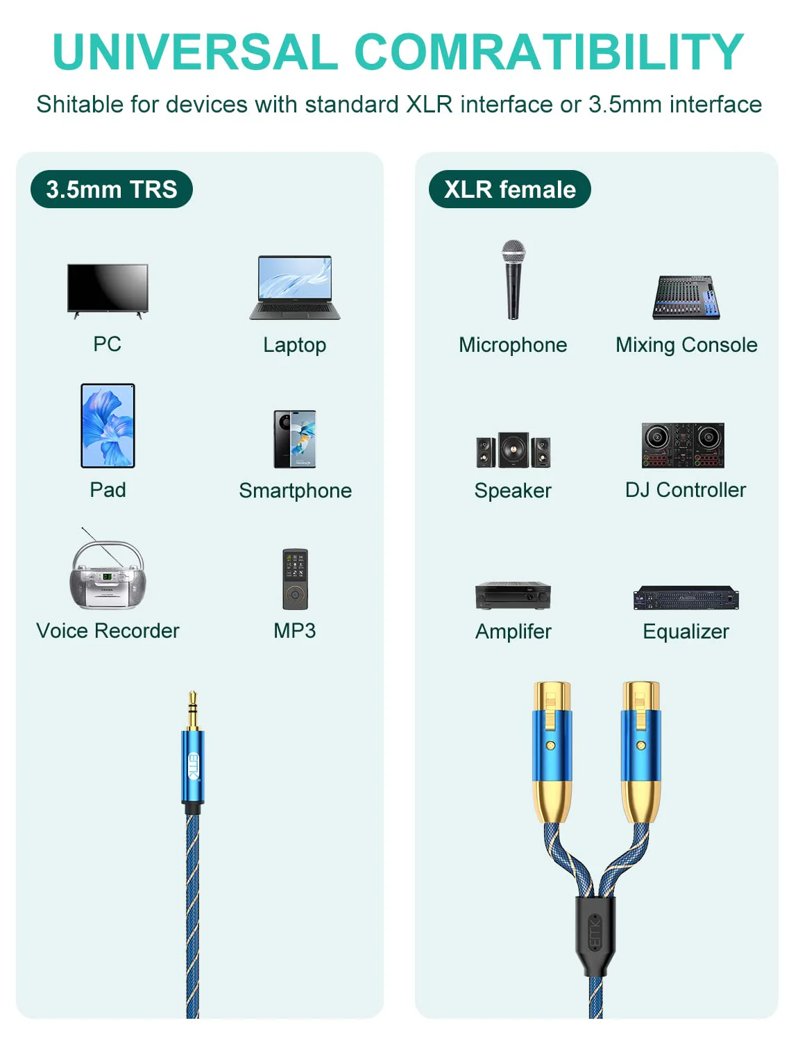 EMK Dual Female XLR to 3.5mm Cable, Unbalanced XLR Female to 1/8 Inch Mini Jack TRS Stereo Aux Interconnect Audio Mic Breakout Patch Cord(6.6FT/2M) 6.6FT/2M 3.5mm Male/2XLR Female - Image 5