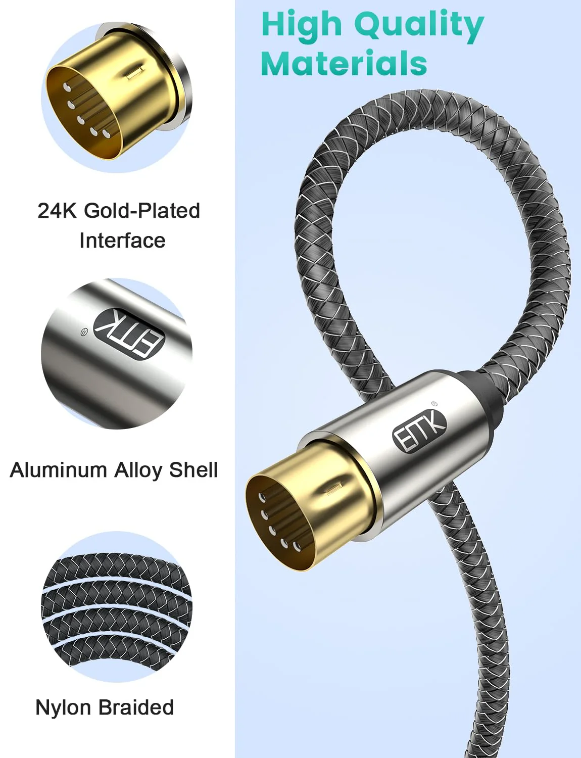EMK Premium 5-Pin MIDI Cable (1 PCS, 4Ft/1.2M) - Nylon Braided Durable MIDI to MIDI Cord for Keyboard, Synthesizer, Guitar Pedal, Sampler, Audio Interface, Mixer - Gold-Plated Connectors 5-Pin MIDI Cable 1PCS 1.2M - Image 4
