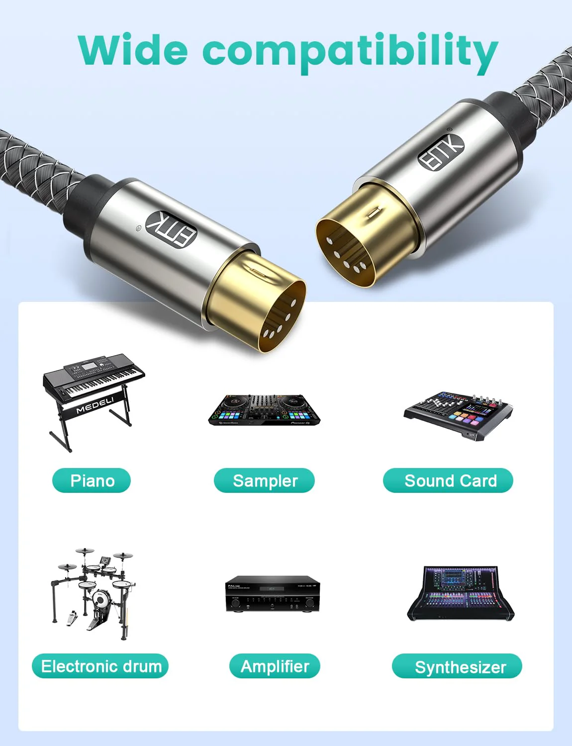 EMK Premium 5-Pin MIDI Cable (2 PCS, 5Ft/1.5M) - Nylon Braided Durable MIDI to MIDI Cord for Keyboard, Synthesizer, Guitar Pedal, Sampler, Audio Interface, Mixer - Gold-Plated Connectors 5-Pin MIDI Cable 2PCS 1.5M - Image 3
