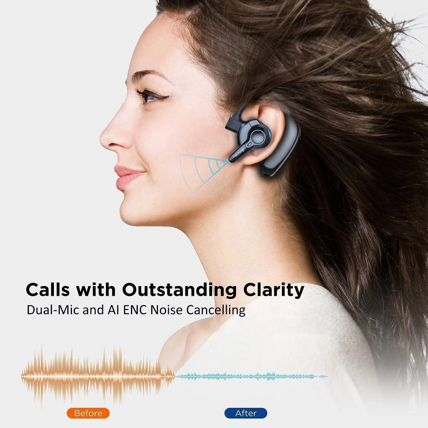 emotal Dual-Mic AI Noise Cancelling Bluetooth Headset for Cell Phones, 10 Days Standby 30Hrs HD Talktime Bluetooth Earpiece IPX6 Waterproof Ultralight for Driving/Truckers/Business, Black - Image 2