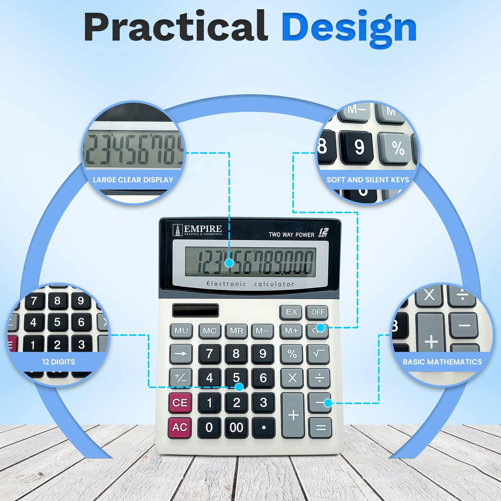Empire Desk Calculator with Large Key Buttons, 12 Digits, Large Eye-Angled Display, Solar and Battery Powered for Home and Office (Battery Included) - Image 3