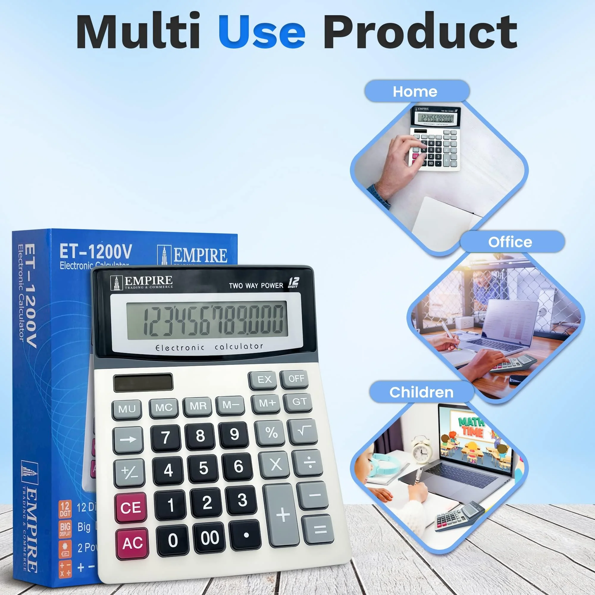 Empire Desk Calculator with Large Key Buttons, 12 Digits, Large Eye-Angled Display, Solar and Battery Powered for Home and Office (Battery Included) - Image 4