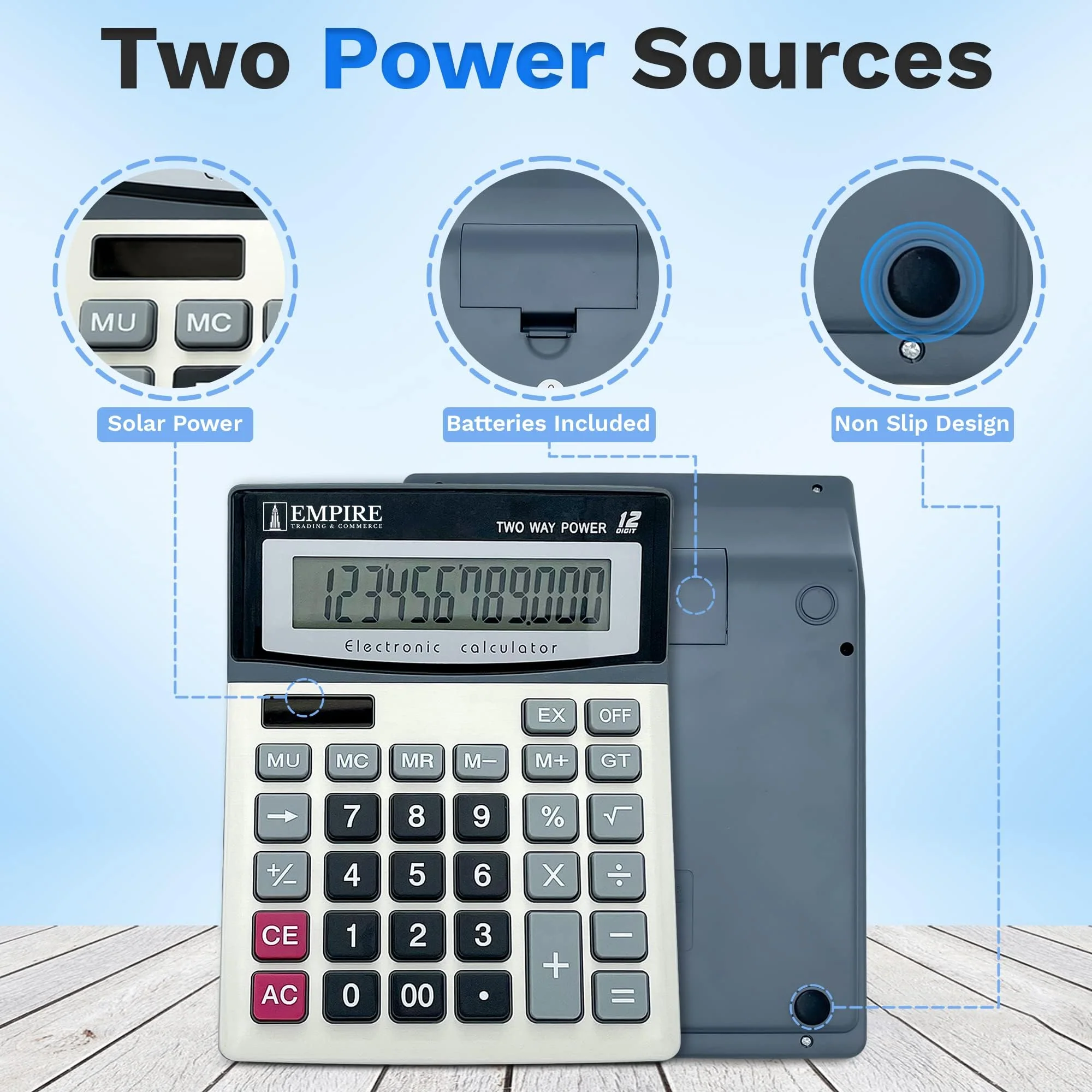 Empire Desk Calculator with Large Key Buttons, 12 Digits, Large Eye-Angled Display, Solar and Battery Powered for Home and Office (Battery Included) - Image 6