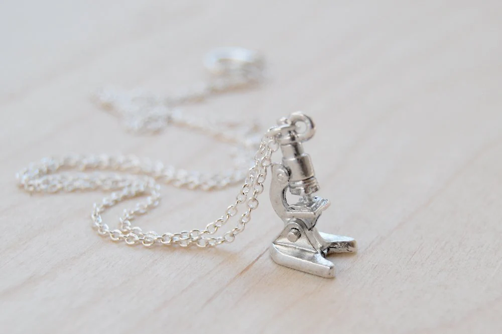 Enchanted Leaves - Tiny Silver Microscope Necklace - Cute Laboratory Science Gift | Microscope Charm Necklace - Image 3