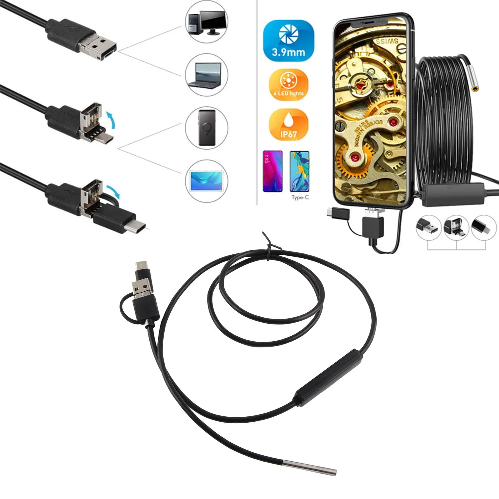 Endoscope, 3.9mm Lens, Waterproof Endoscope with High Resolution Camera, 6 LED Lights, Compatible with Android, Type C (1 Meter Soft Wire) 1 Meter weicher Draht - Image 6