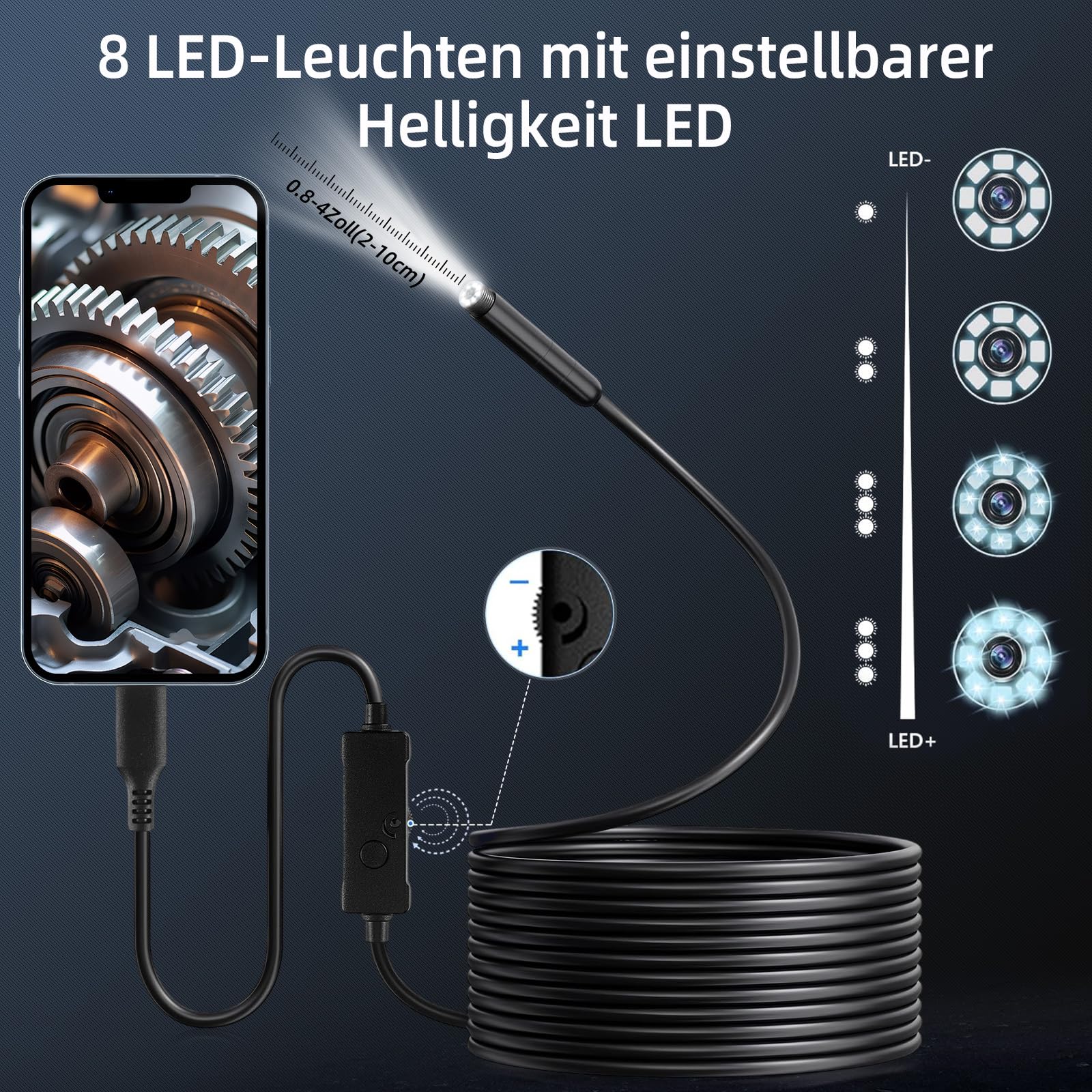 Endoscope Camera Mobile Phone Endoscope Camera with Light, 1920P HD Endoscope Camera, 5 m Inspection Camera with 8 LED Lights, IP67 Waterproof Inspection Camera, No WiFi, Tube Camera for Android, iOS - Image 3
