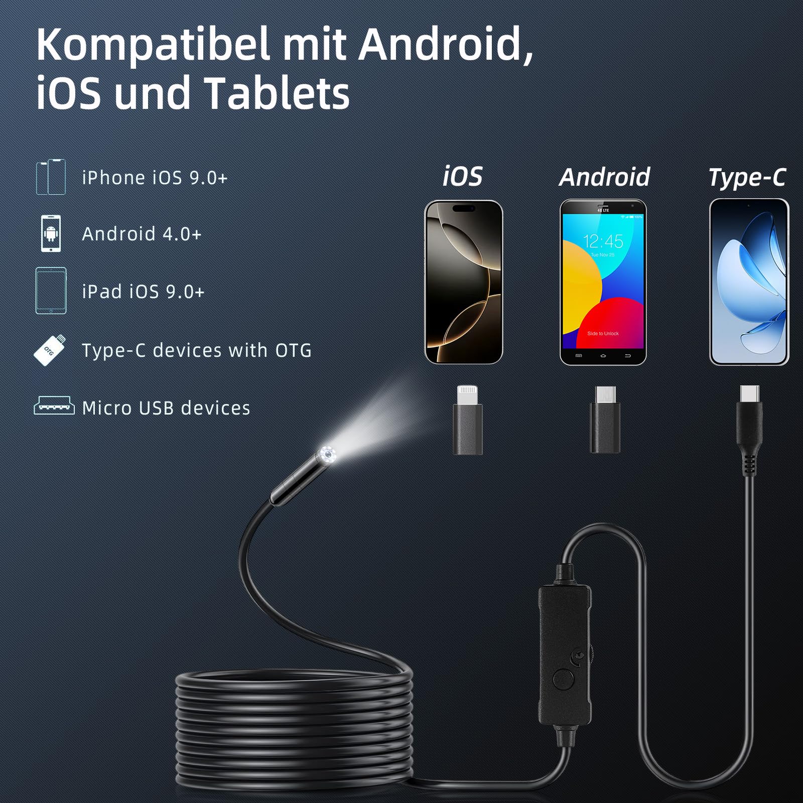 Endoscope Camera Mobile Phone Endoscope Camera with Light, 1920P HD Endoscope Camera, 5 m Inspection Camera with 8 LED Lights, IP67 Waterproof Inspection Camera, No WiFi, Tube Camera for Android, iOS - Image 6