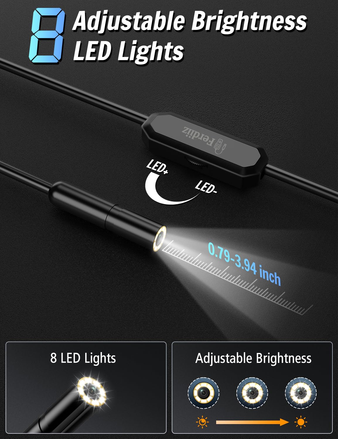 Endoscope Camera with Light, 1920P HD Borescope with 8 Adjustable LED Lights, Borescope with 16.4ft Semi-Rigid Snake Camera with Light, 7.9mm IP67 Waterproof Inspection Endoscope for iOS and Android AN112-16.4ft - Image 3