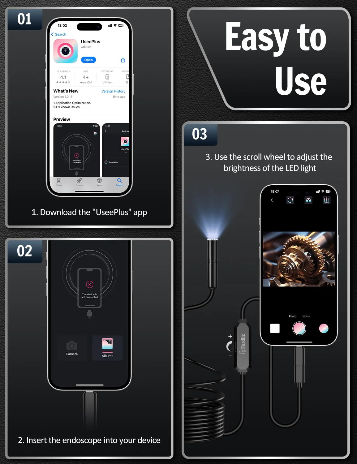 Endoscope Camera with Light, 1920P HD Borescope with 8 Adjustable LED Lights, Borescope with 16.4ft Semi-Rigid Snake Camera with Light, 7.9mm IP67 Waterproof Inspection Endoscope for iOS and Android AN112-16.4ft - Image 8