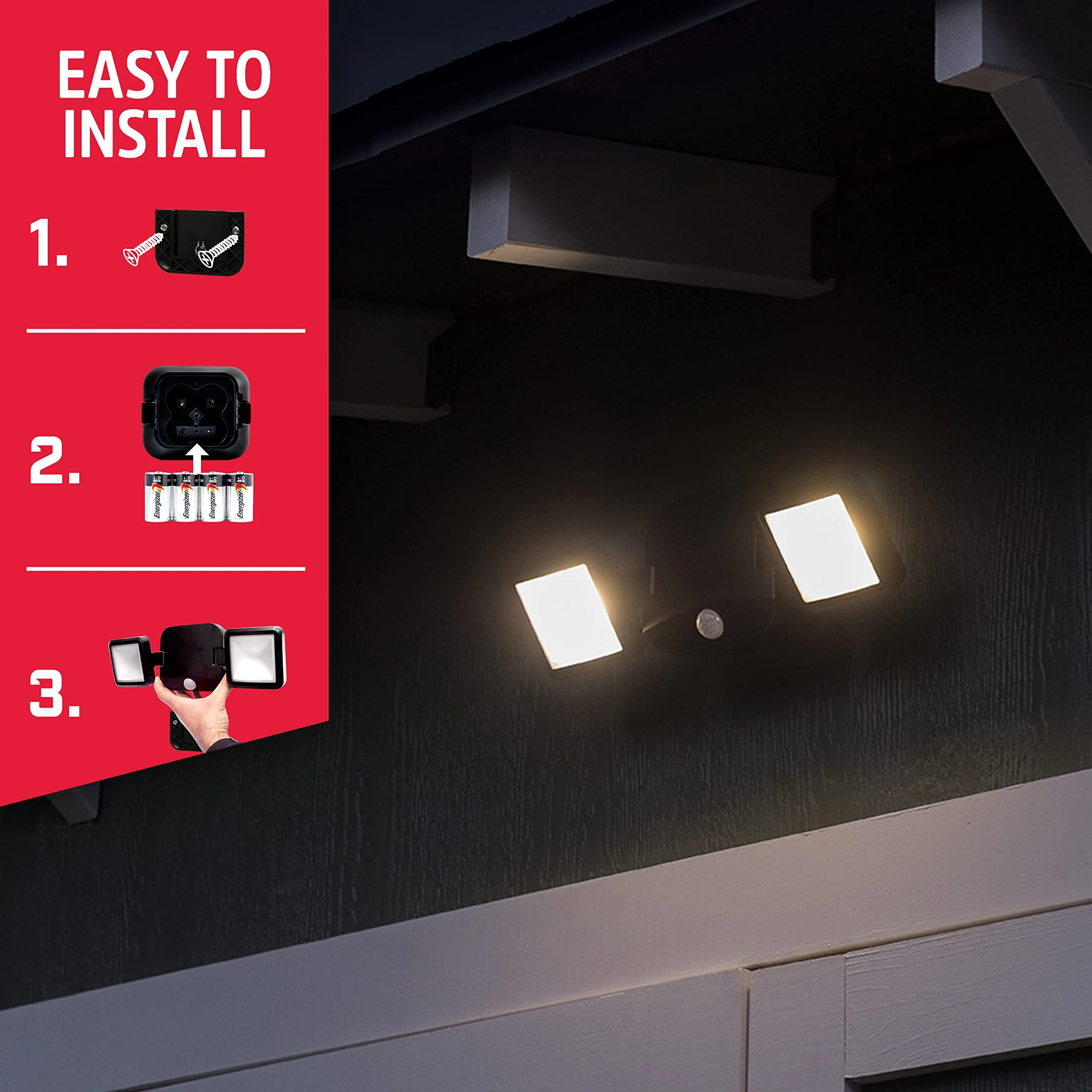 Energizer LED Flood Light Outdoor, Security Light, 2 Head, Wireless, Battery Operated, 800 Lumens, Swivels & Rotates, Weather-Resistant, Motion Sensor Outdoor Light, Black, 1 Pack, 40776 - Image 6
