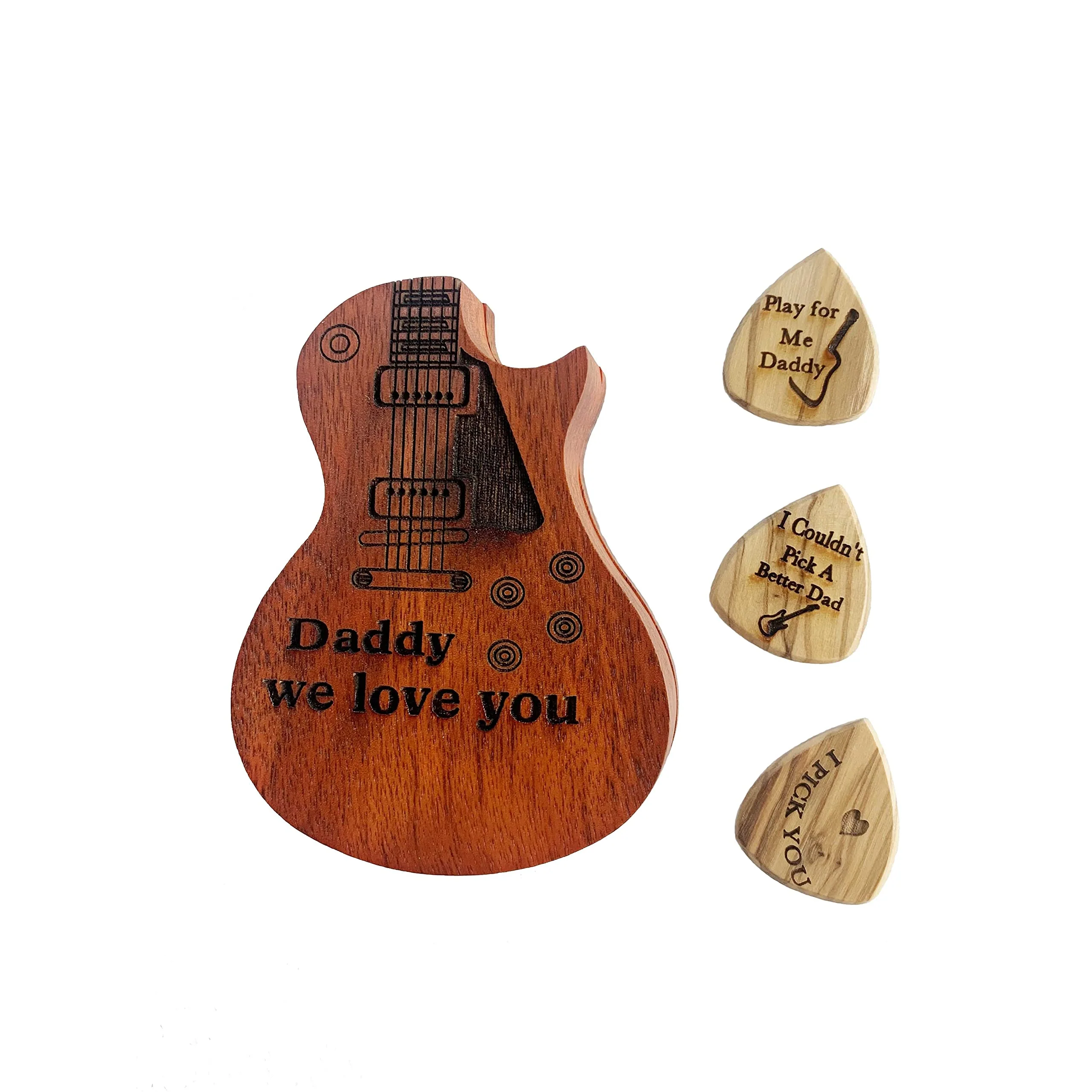Engraved Guitar Pick Box For Dad, Guitar Shaped Guitar Pick Box, Personalized Wood Guitar Picks Box with 3 Pcs Guitar Picks Gift for Father's Day daddy - Image 2