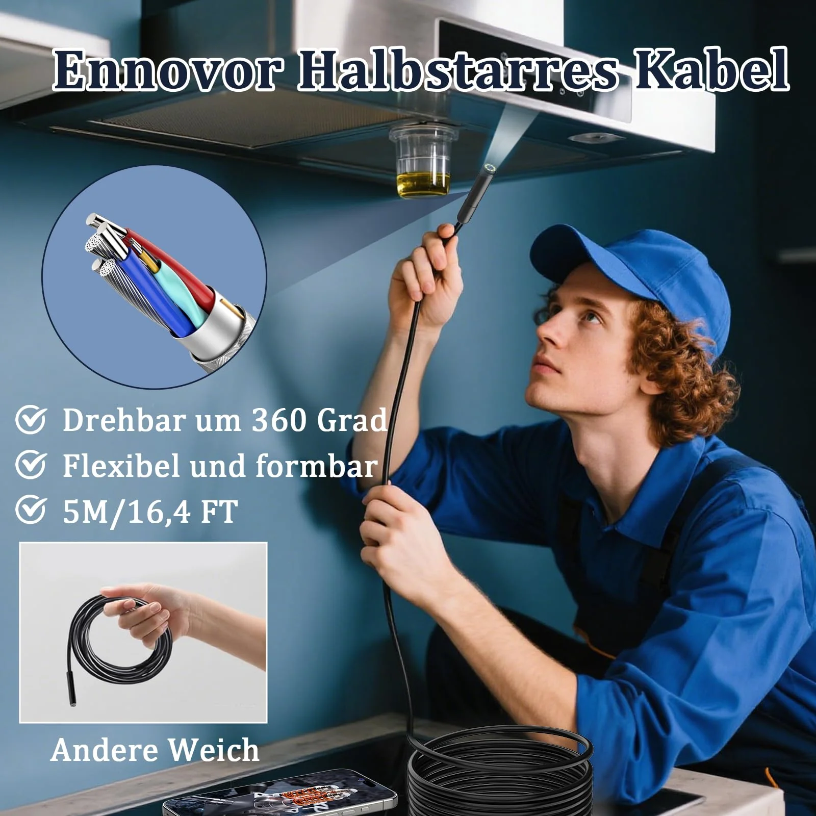 Ennovor Endoscope Camera with Light, 1920P HD Inspection Camera, Channel Camera 7.9mm with 8 LED Light, Waterproof IP67 Tube Camera, No WiFi, for Android & iOS, for Cars | Pipes | Machinery (5M) W401 - Image 5