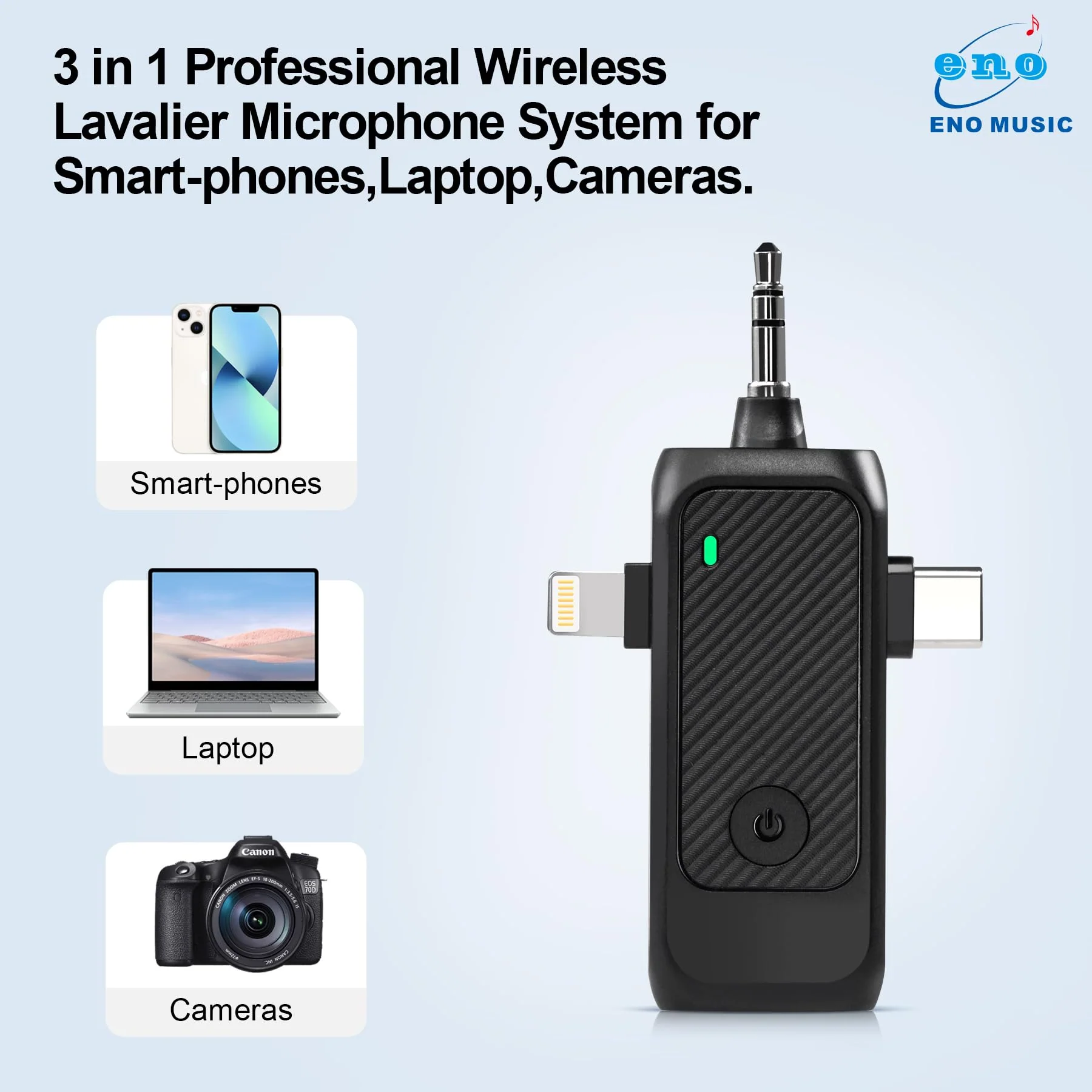 ENO MUSIC 3 in 1 Clip-on Wireless Lavalier Microphones for iPhone, Android, Camera, 8 Hours Rechargeable Battery, USB-C Microphone with Noise Reduction for Video Recording, Vlog, YouTube, TikTok - Image 2