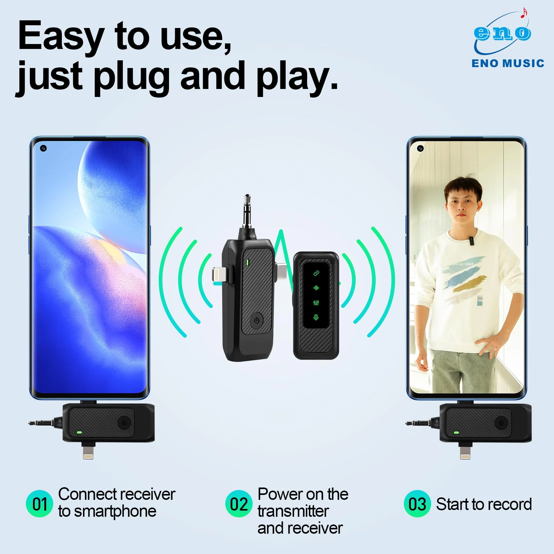 ENO MUSIC 3 in 1 Clip-on Wireless Lavalier Microphones for iPhone, Android, Camera, 8 Hours Rechargeable Battery, USB-C Microphone with Noise Reduction for Video Recording, Vlog, YouTube, TikTok - Image 3