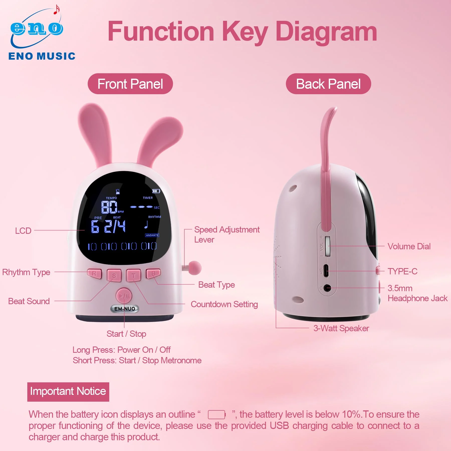 ENO MUSIC Easy Control Rechargeable Electric Metronome for Acoustic Guitar Violin Ukulele Drum Piano Players with Big Sound Digital Metronome-Rabbit - Image 2