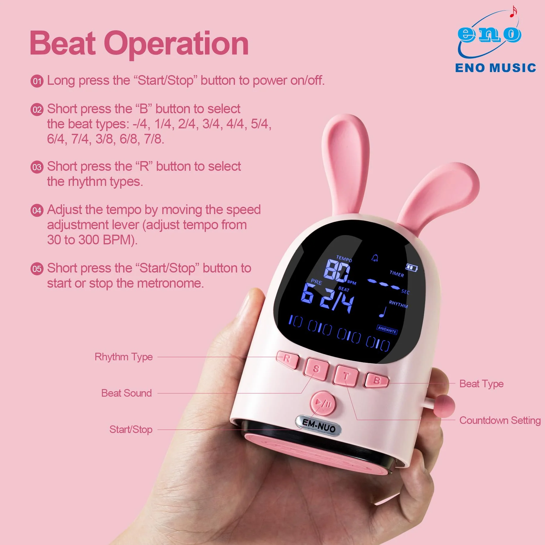 ENO MUSIC Easy Control Rechargeable Electric Metronome for Acoustic Guitar Violin Ukulele Drum Piano Players with Big Sound Digital Metronome-Rabbit - Image 3