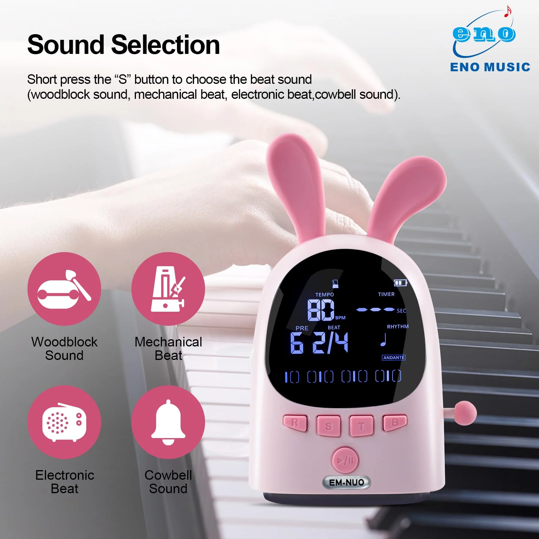 ENO MUSIC Easy Control Rechargeable Electric Metronome for Acoustic Guitar Violin Ukulele Drum Piano Players with Big Sound Digital Metronome-Rabbit - Image 5