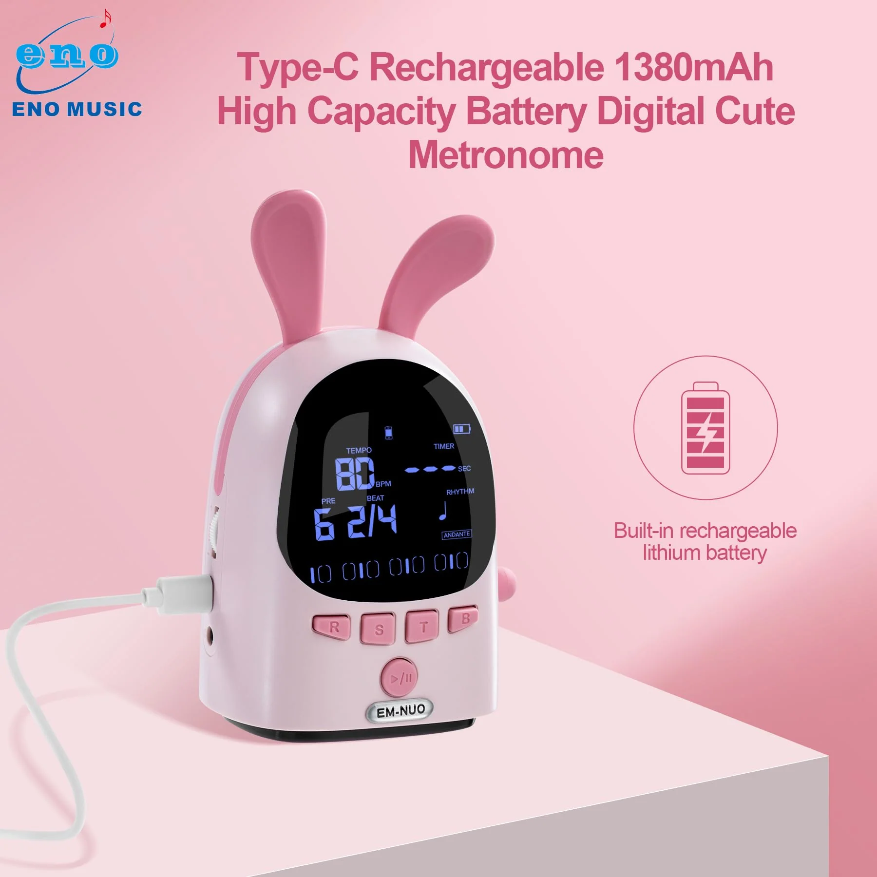 ENO MUSIC Easy Control Rechargeable Electric Metronome for Acoustic Guitar Violin Ukulele Drum Piano Players with Big Sound Digital Metronome-Rabbit - Image 8