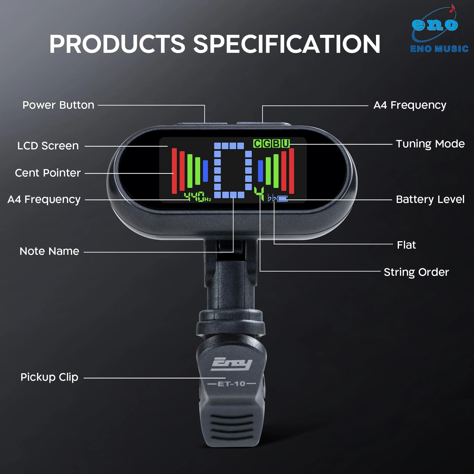 ENO MUSIC Rechargeable Clip-on Tuner for Guitar Bass Ukulele with Chromatic Mode - Image 2