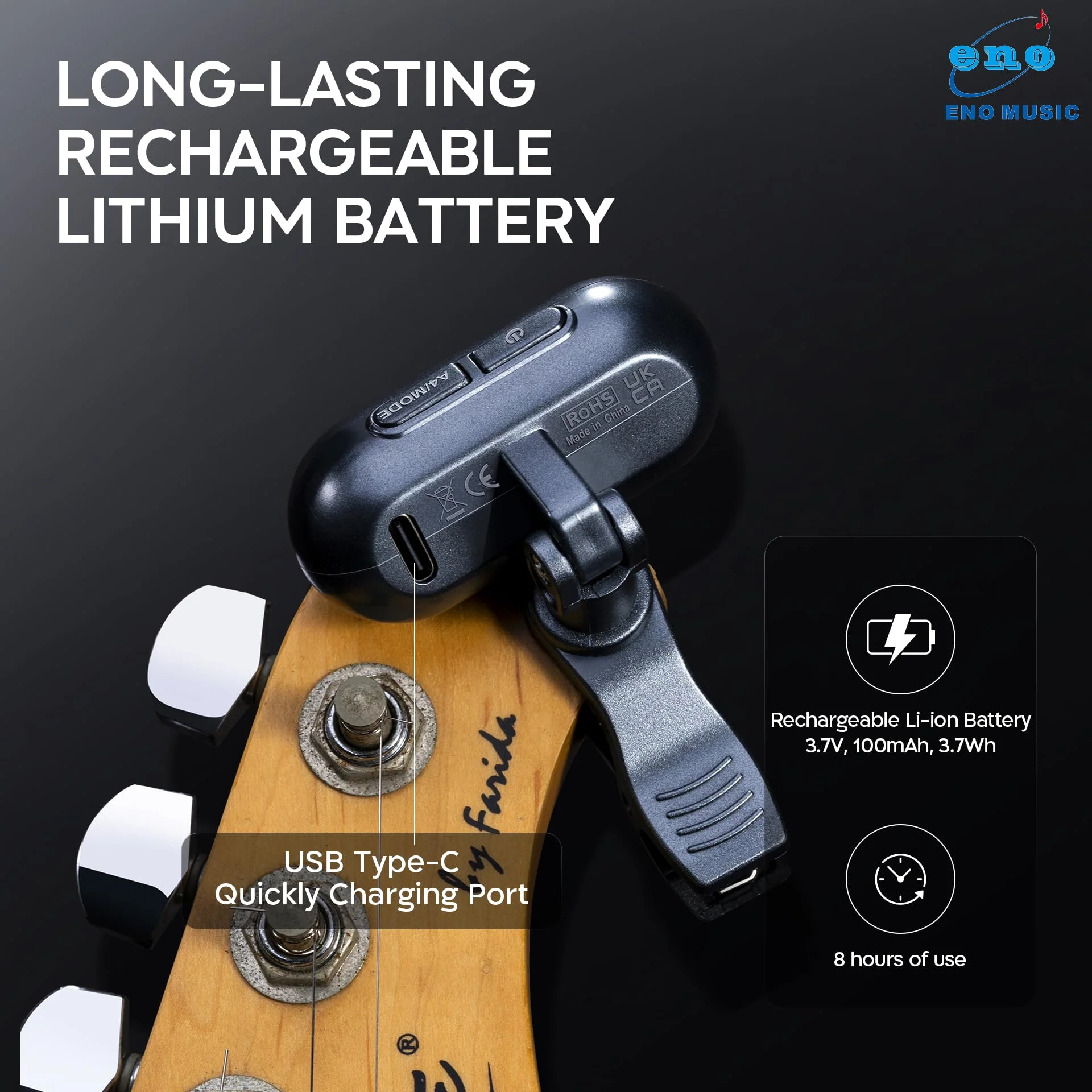 ENO MUSIC Rechargeable Clip-on Tuner for Guitar Bass Ukulele with Chromatic Mode - Image 3