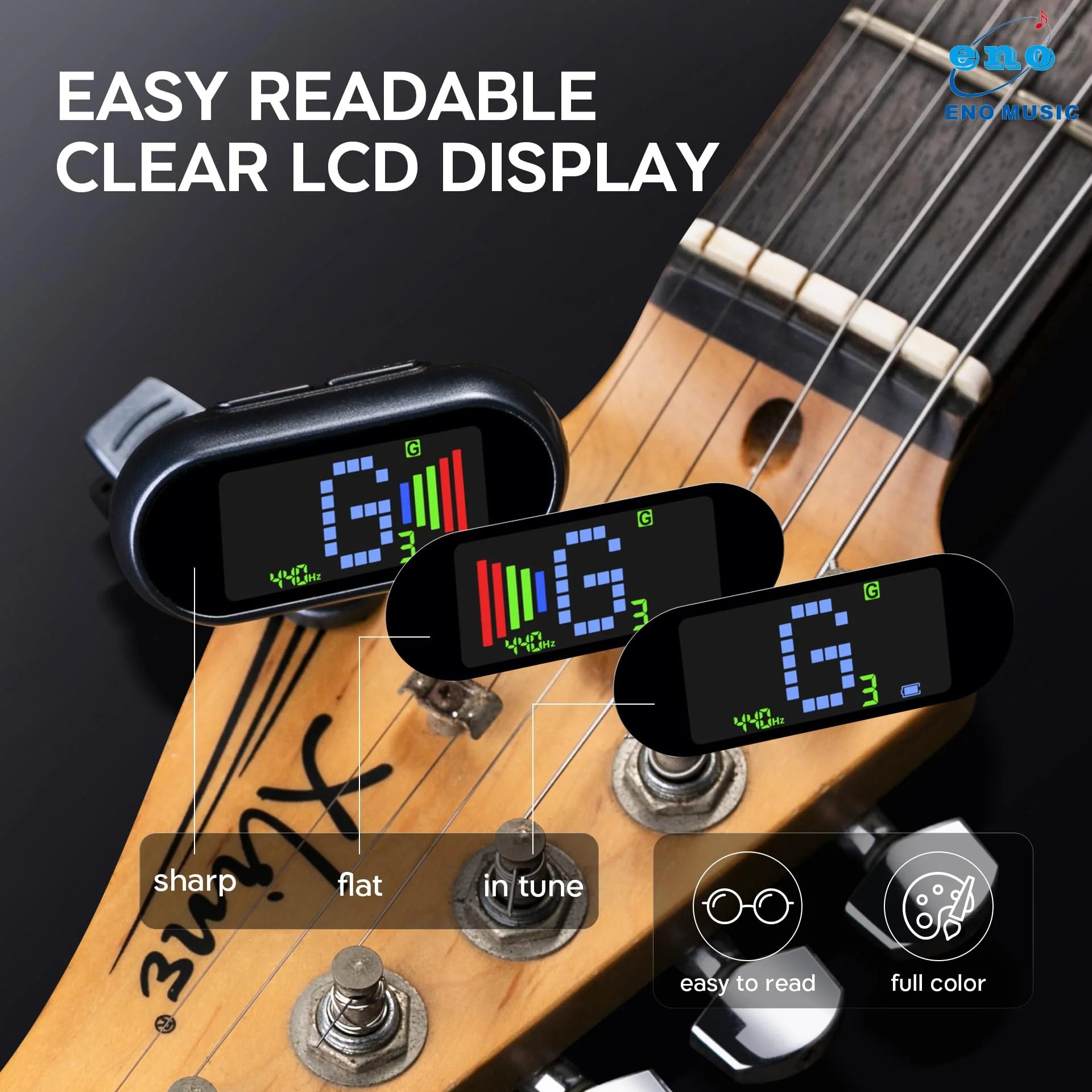 ENO MUSIC Rechargeable Clip-on Tuner for Guitar Bass Ukulele with Chromatic Mode - Image 4