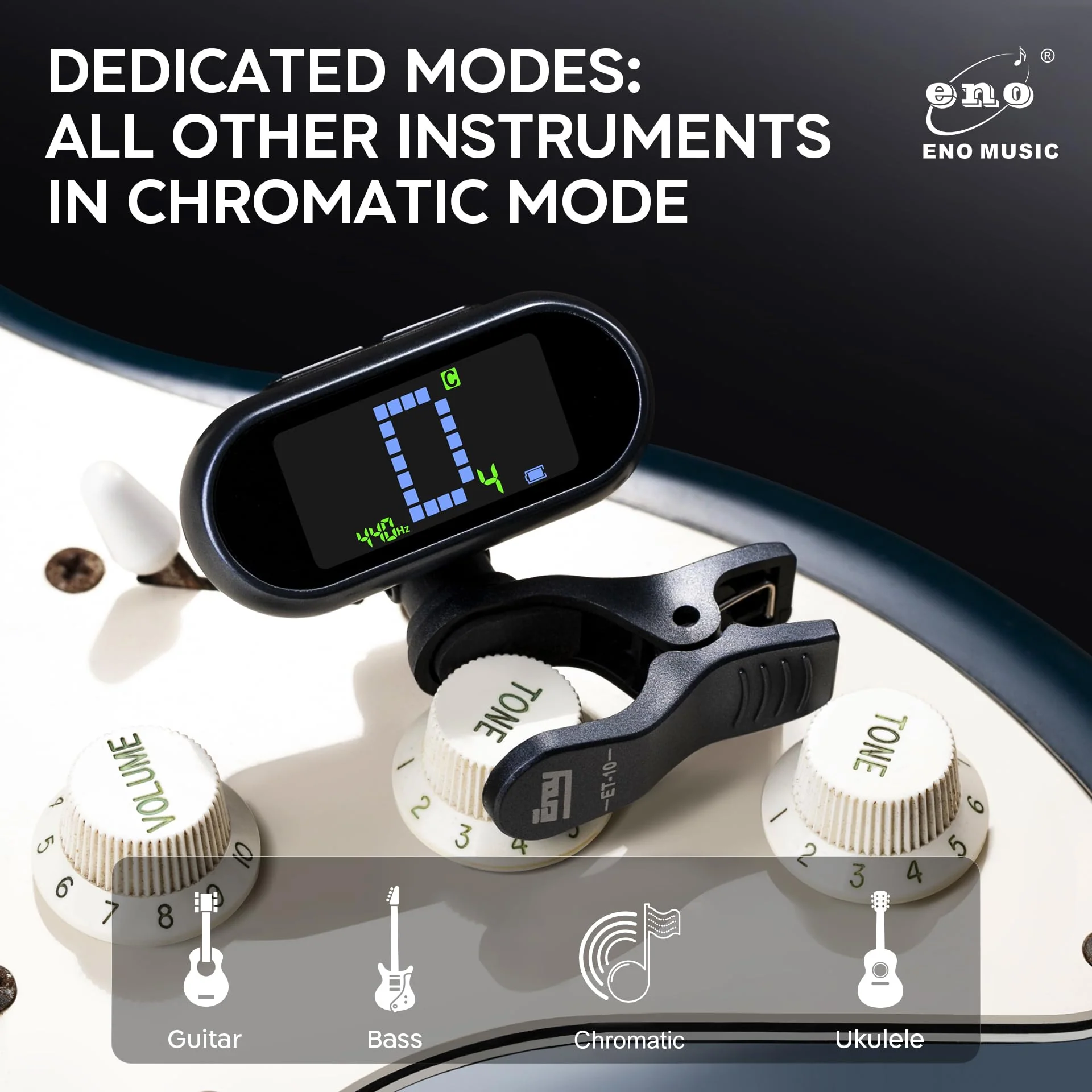 ENO MUSIC Rechargeable Clip-on Tuner for Guitar Bass Ukulele with Chromatic Mode - Image 5