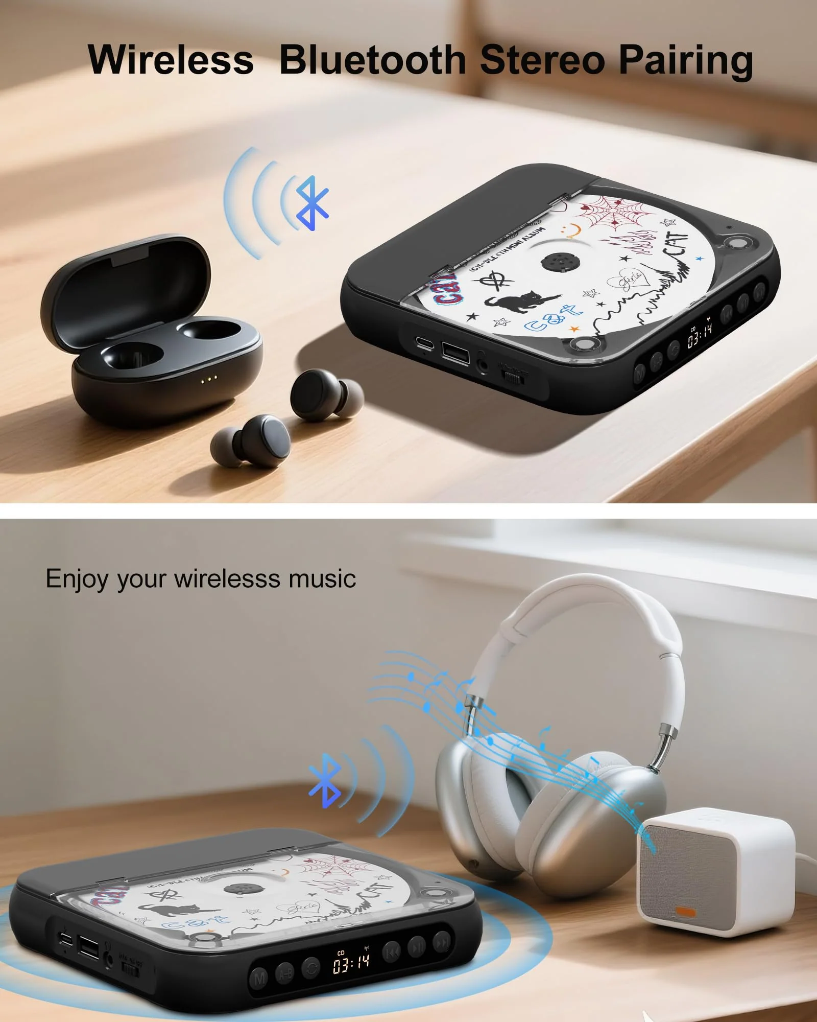 ENVYCLOUD CD Player Portable with Dual Stereo Speakers, Rechargeable Portable Player with Bluetooth for Home with Headphones, Support CD/AUX/USB,Black Black - Image 3