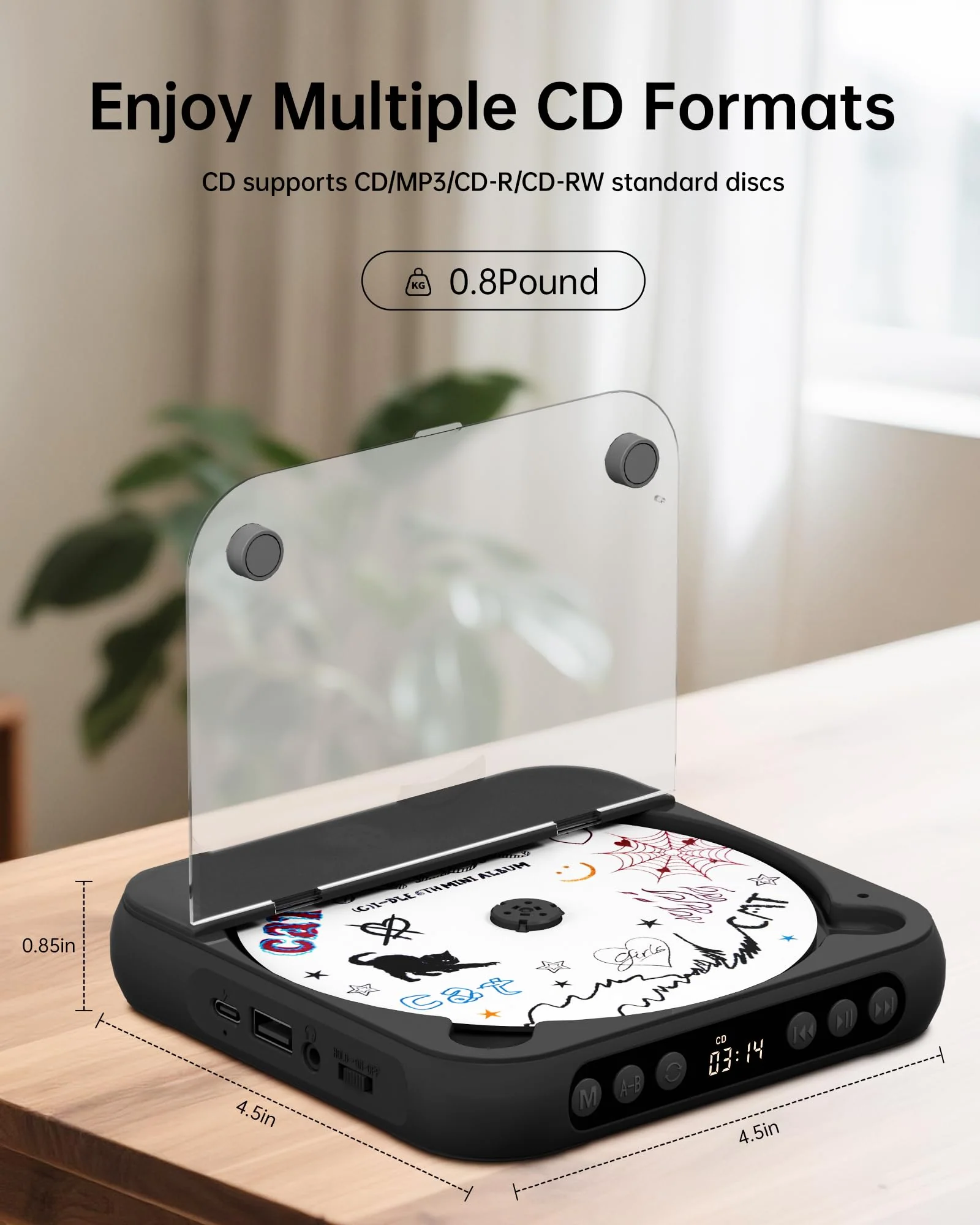 ENVYCLOUD CD Player Portable with Dual Stereo Speakers, Rechargeable Portable Player with Bluetooth for Home with Headphones, Support CD/AUX/USB,Black Black - Image 4