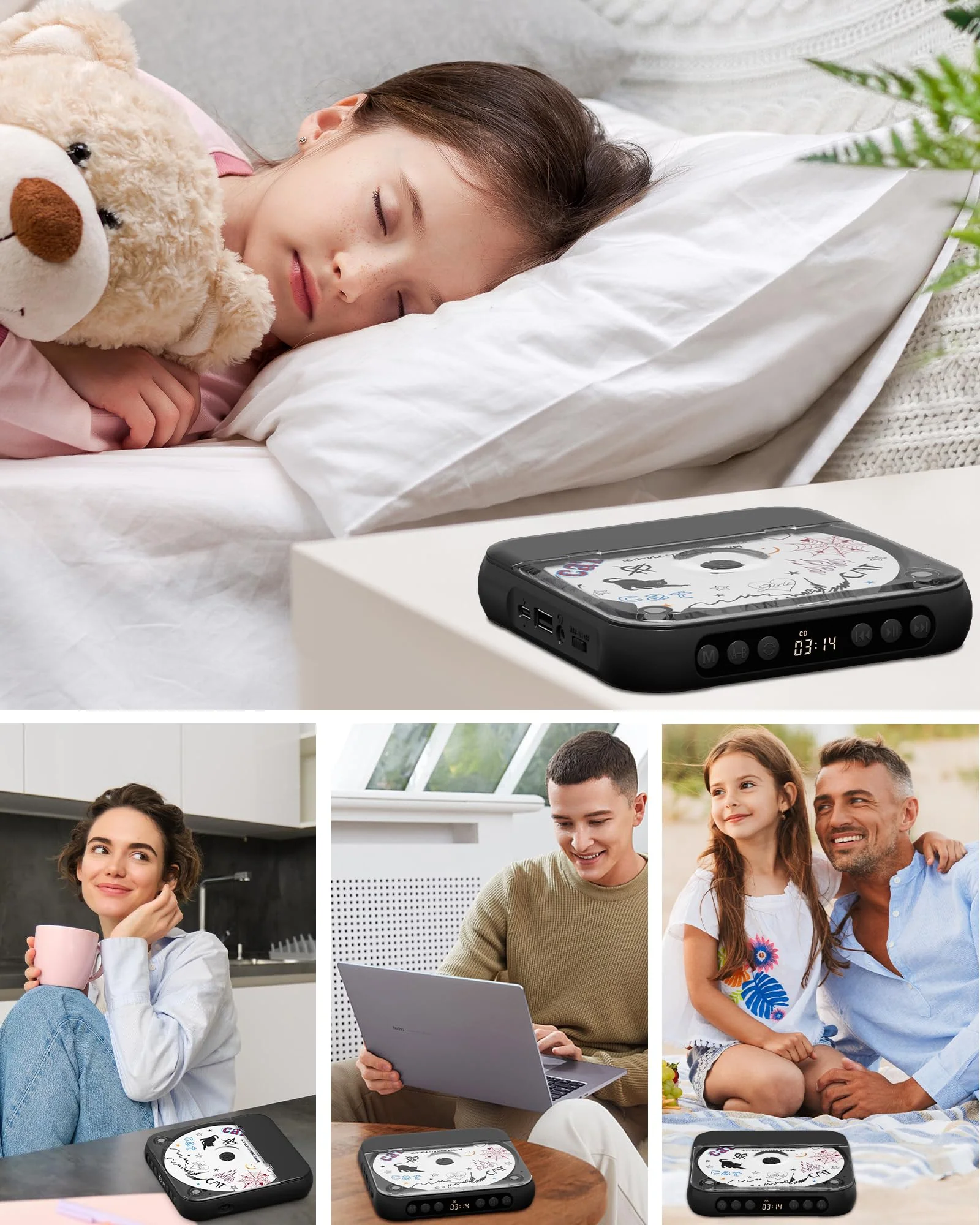 ENVYCLOUD CD Player Portable with Dual Stereo Speakers, Rechargeable Portable Player with Bluetooth for Home with Headphones, Support CD/AUX/USB,Black Black - Image 6