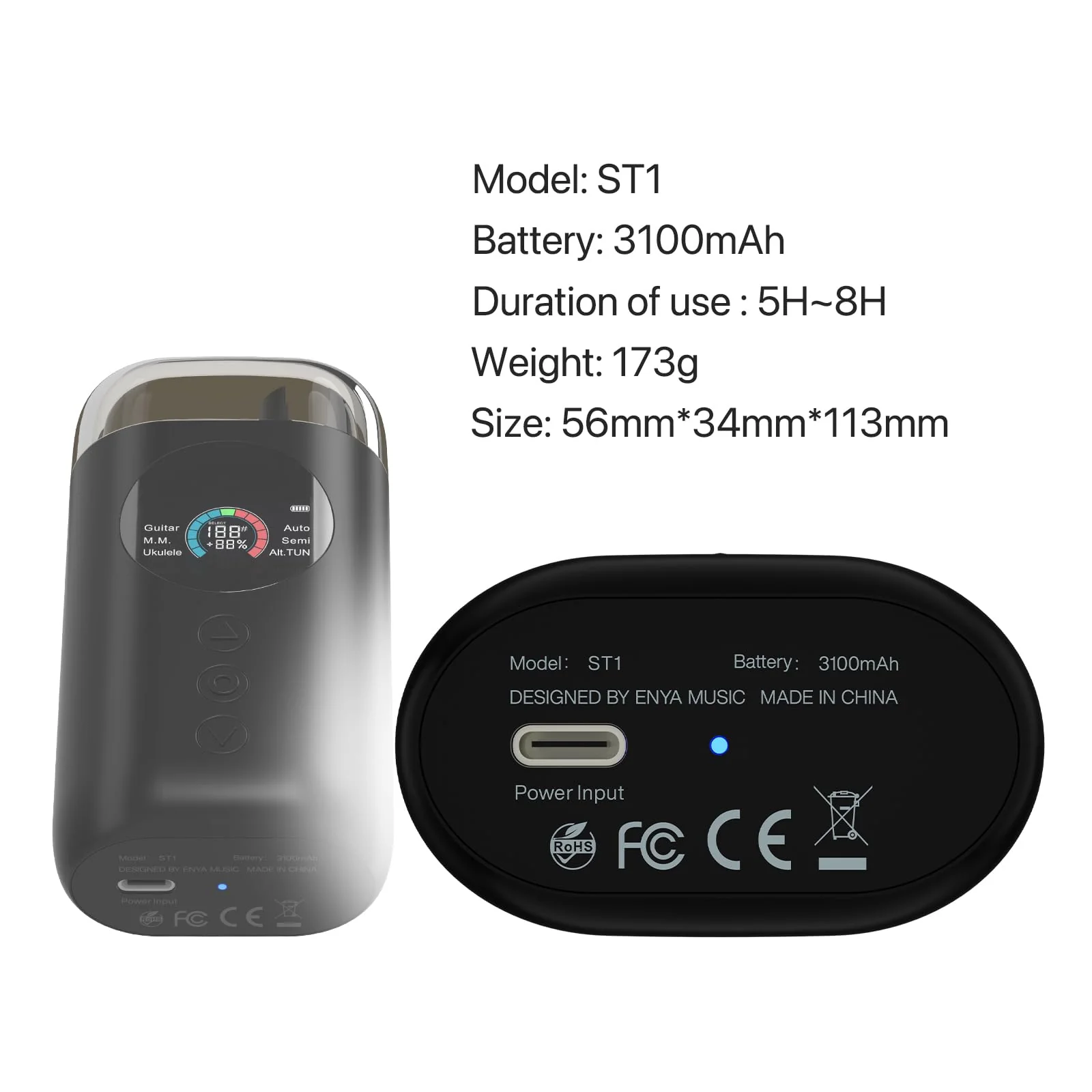 Enya Smart Automatic Guitar Tuner, Full-color LCD Screen - Metronome & String Winder - For Electric Guitars, Acoustic Guitars, Ukulele, Banjo, Mandolin, Black - Image 2