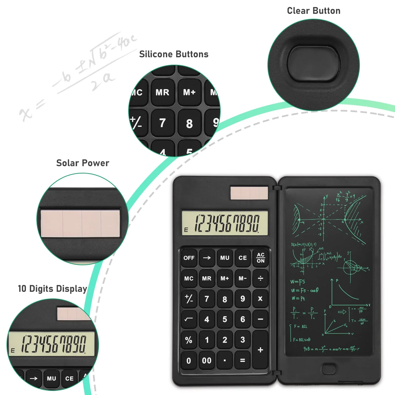 EooCoo Scientific Calculator with Notepad,10-Digit Large Display Office Desk Calcultors,Support Solar and Battery,Foldable Calculator for Students, School and College, Office Desk Accessories Dark Black - Image 3